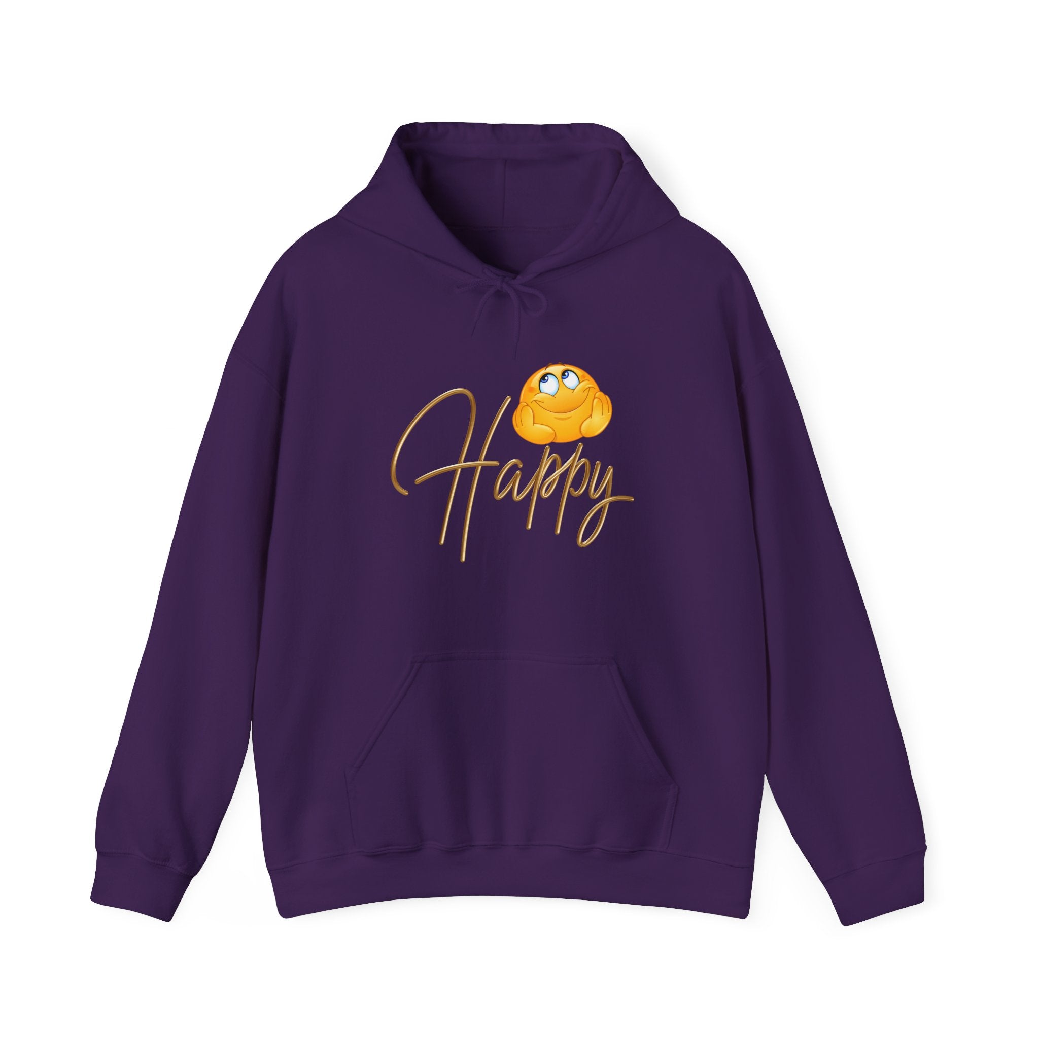 Purple hoodie with a yellow smiley face and 'Happy' text on a white background