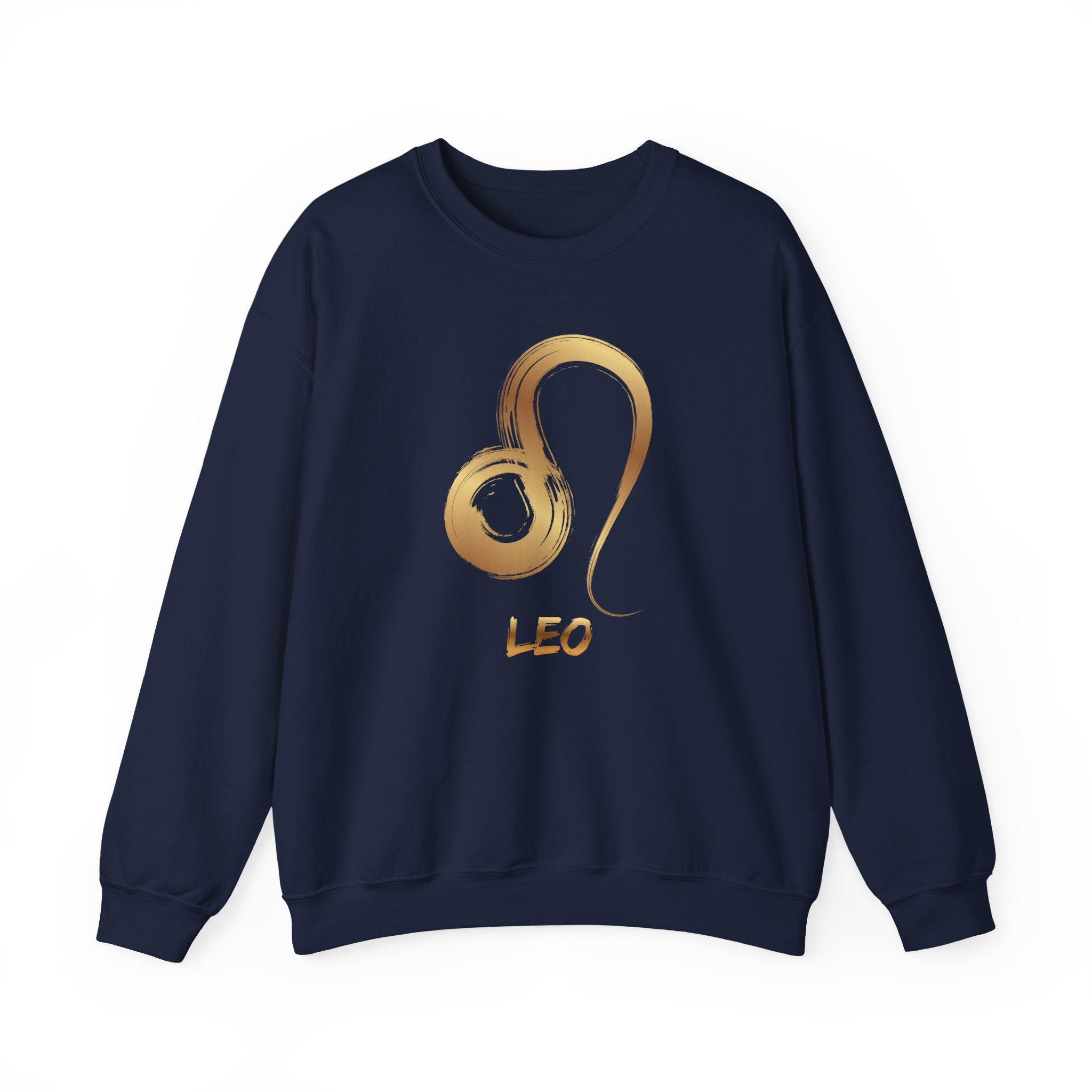 Navy blue sweatshirt with gold Leo zodiac symbol on a white background