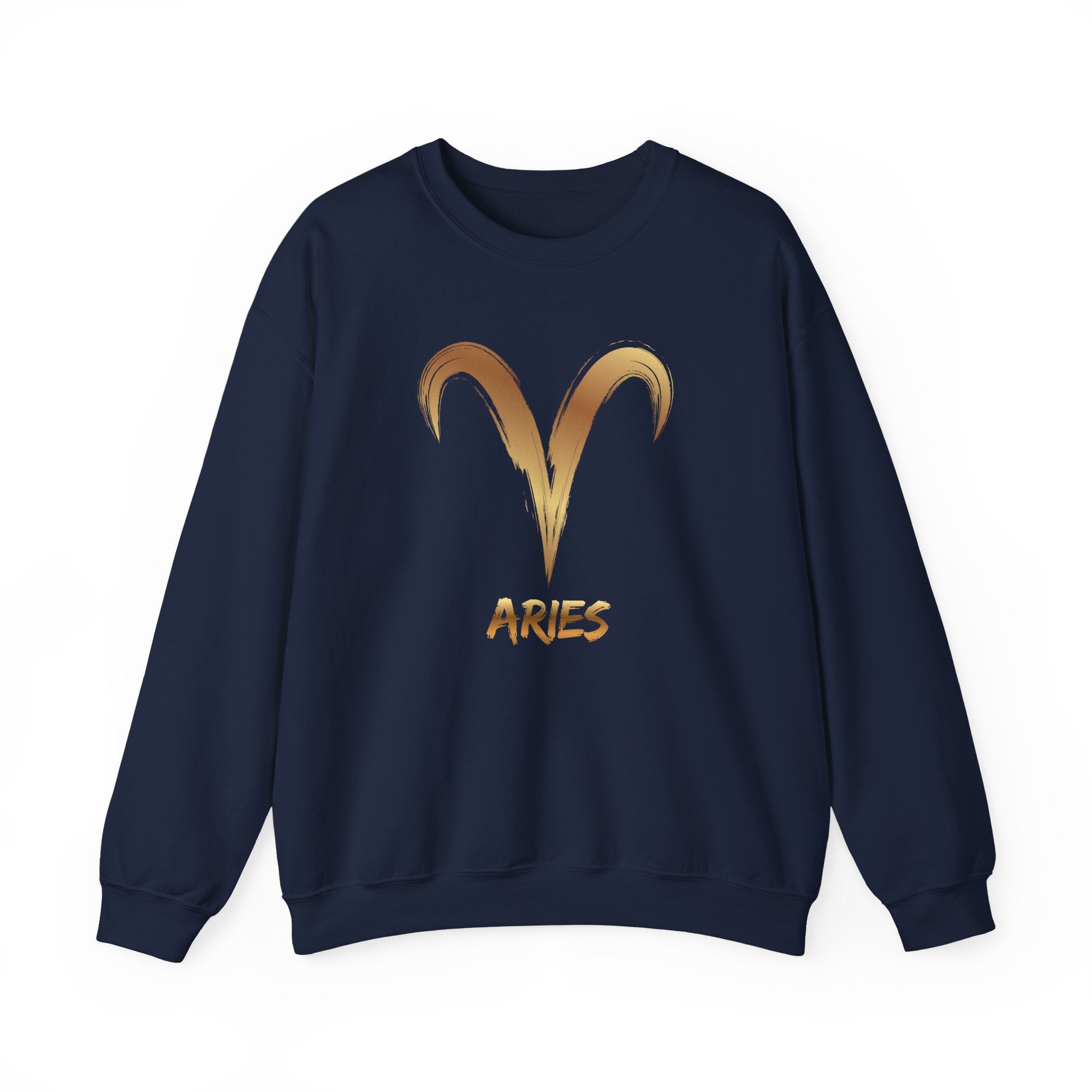 Navy blue sweatshirt with gold Aries symbol and text on a white background