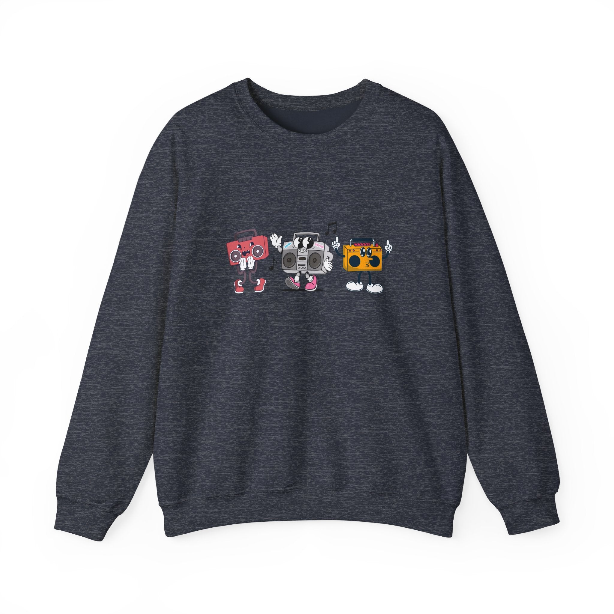 Dark gray sweatshirt with colorful graphic design on a white background