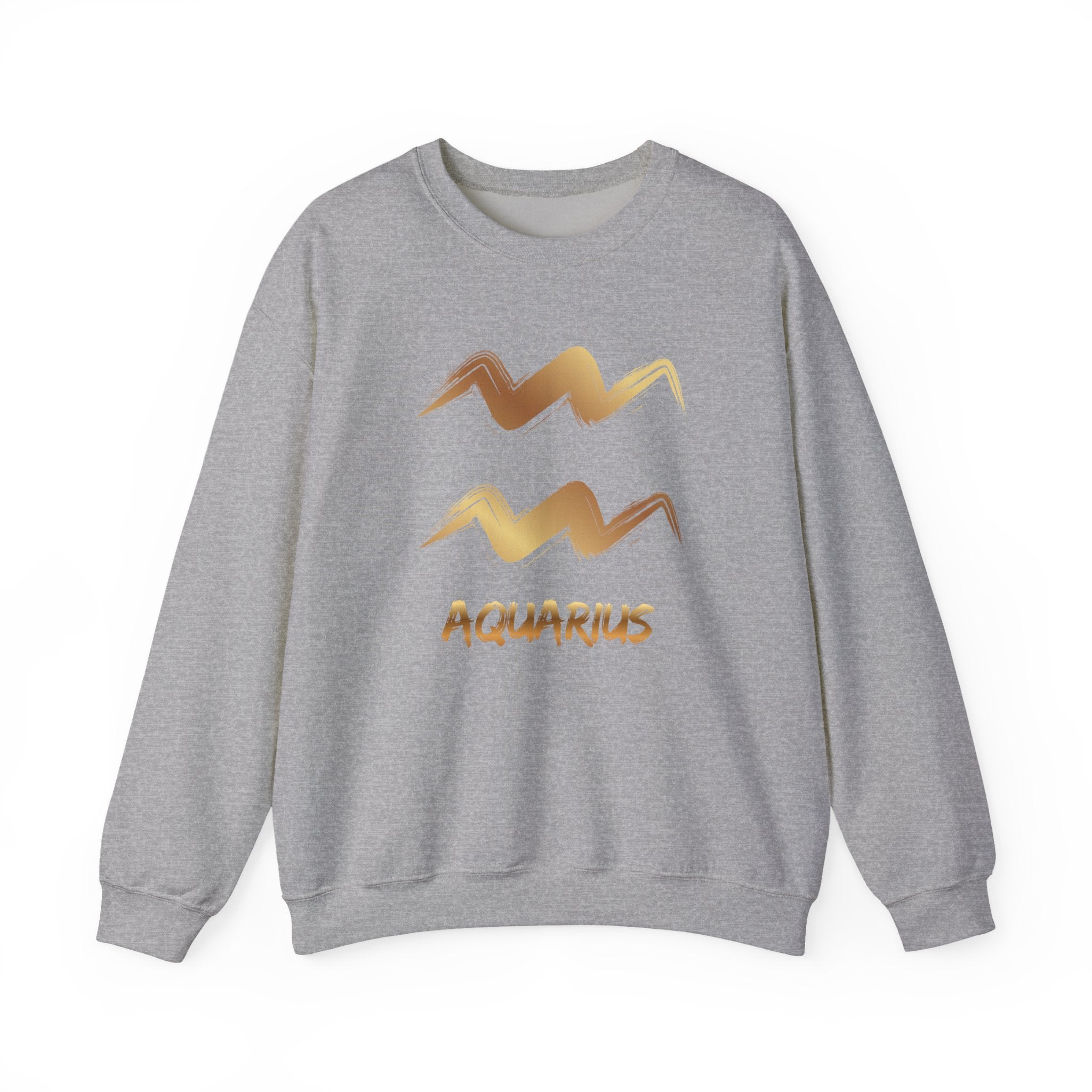 Gray sweatshirt with gold Aquarius design on a white background
