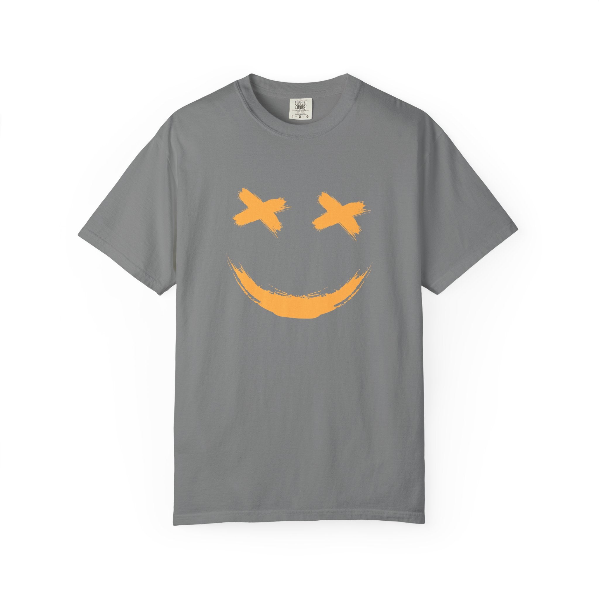 Gray t-shirt with a smiley logo on the chest against a white background