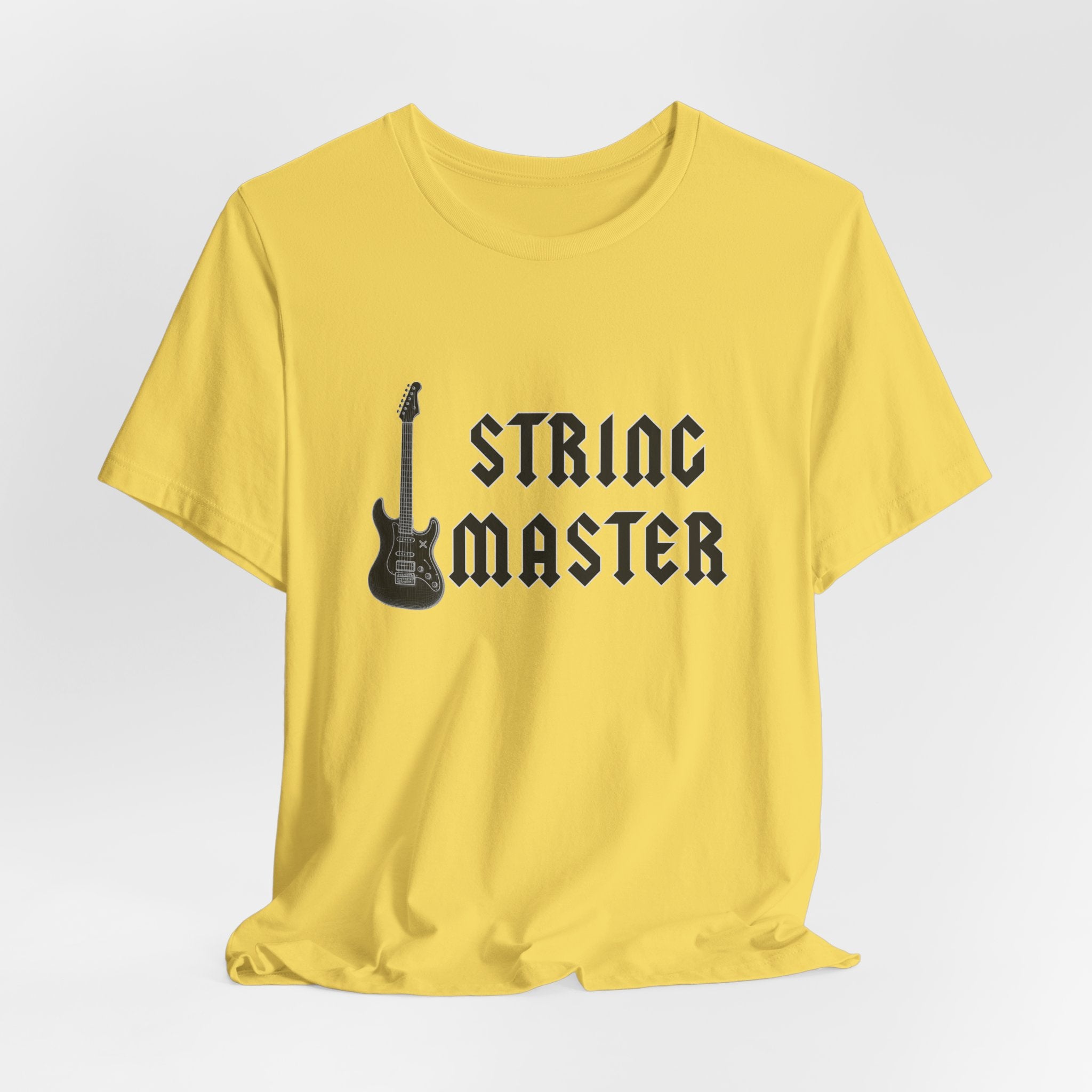 Yellow t-shirt with 'String Master' text and guitar graphic on a white background