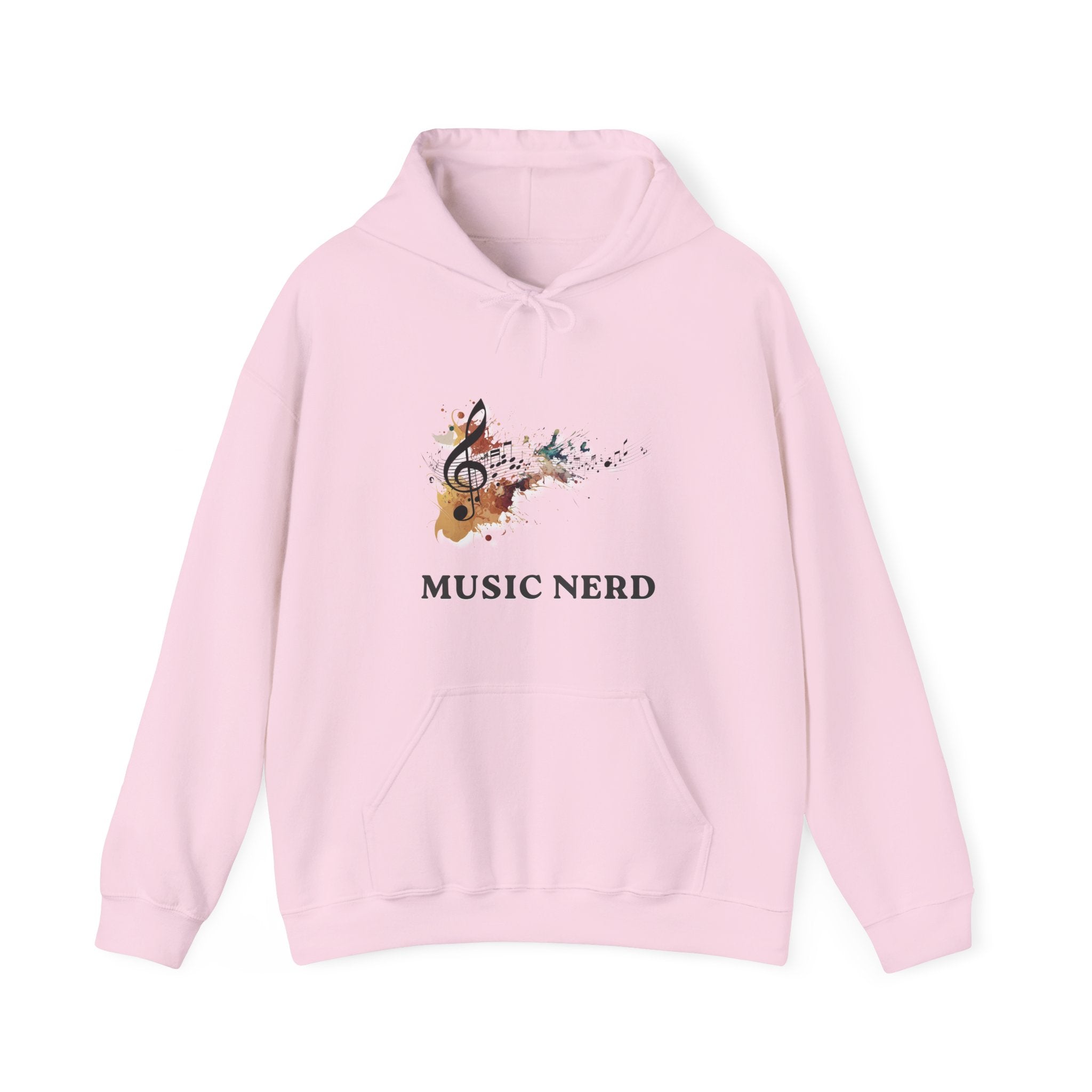 Pink hoodie with 'Music Nerd' text and musical design on a white background
