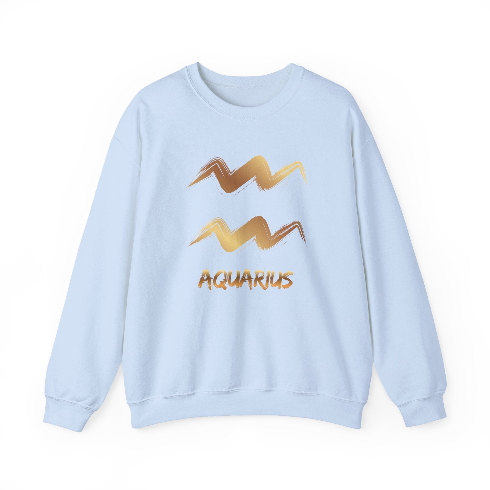 Light blue sweatshirt with gold Aquarius design on a white background