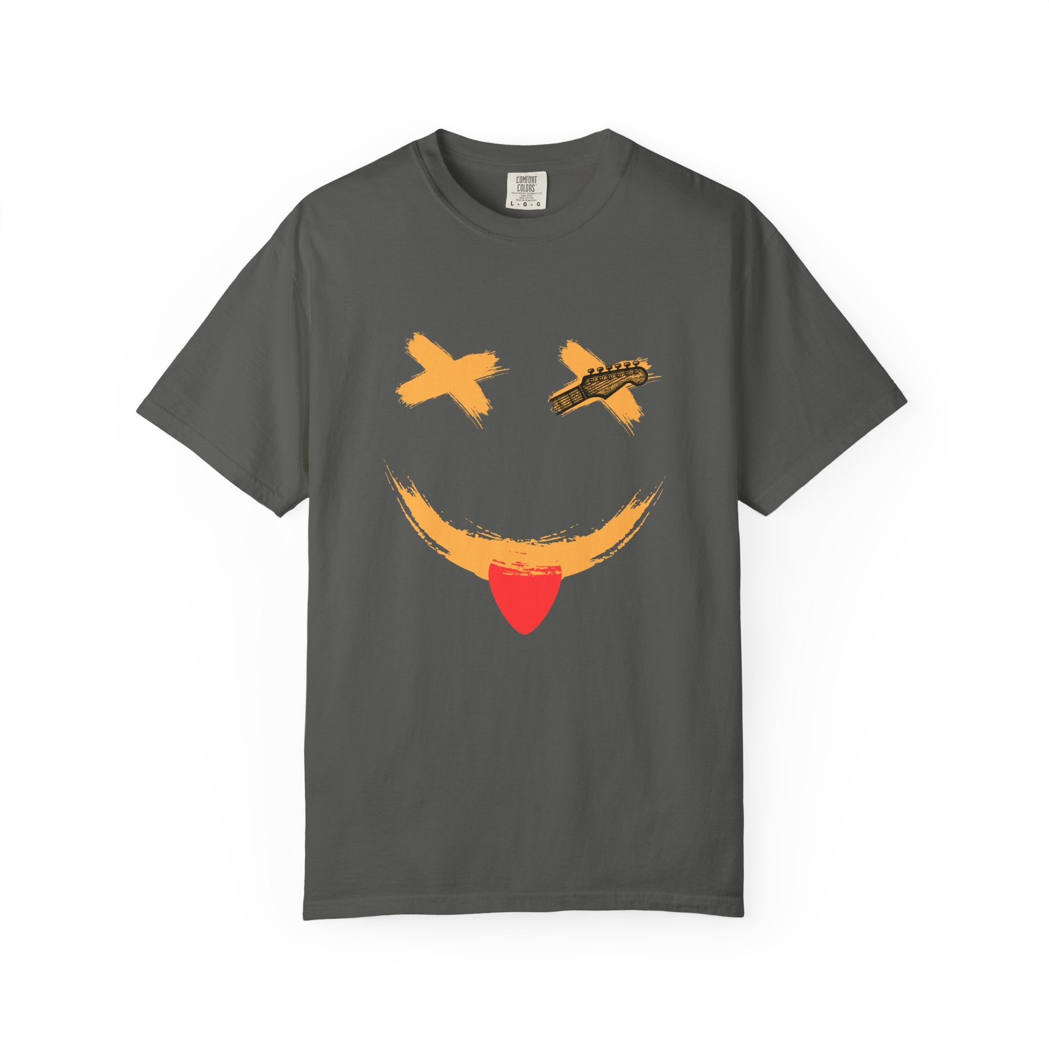 Gray t-shirt with a smiley face design on a white background