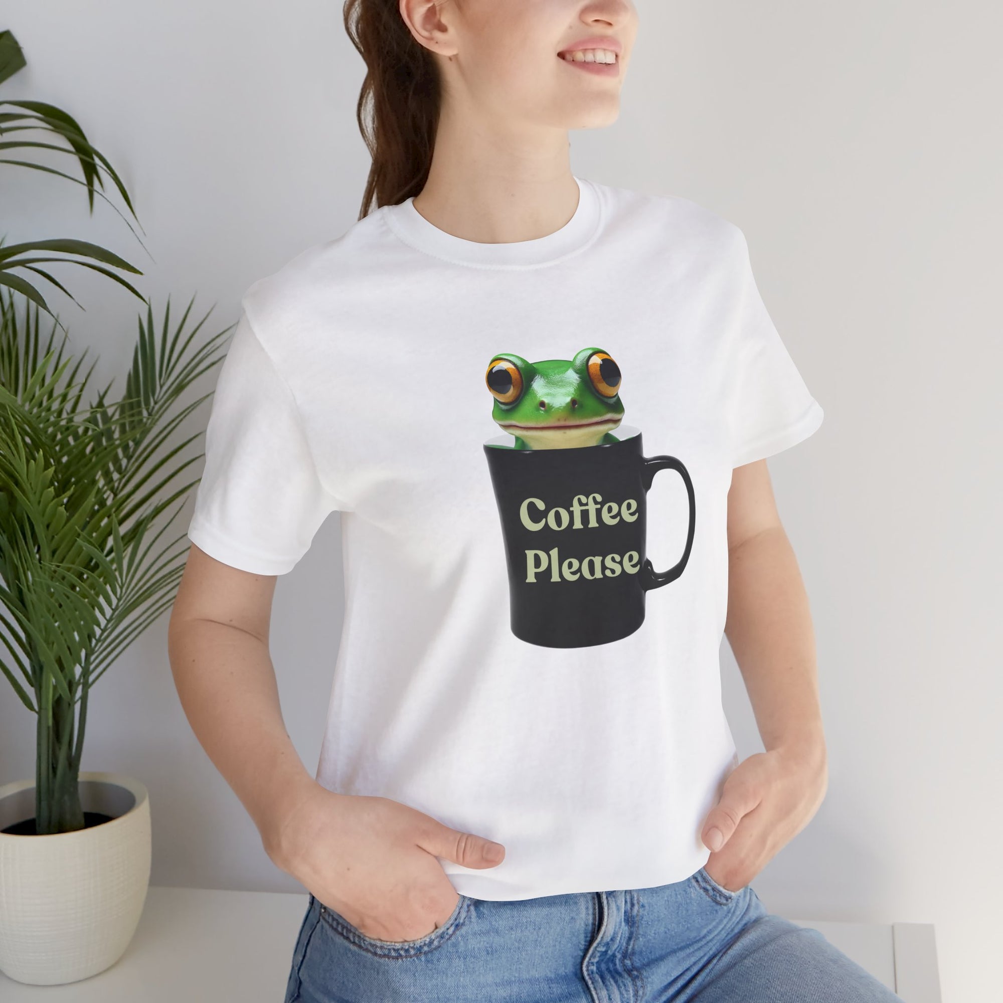 Cute Frog Inside Mug T-Shirt – "Coffee Please" Quote Graphic Tee for Coffee Lovers, Funny Frog with Mug Shirt, Gift for Caffeine Addicts