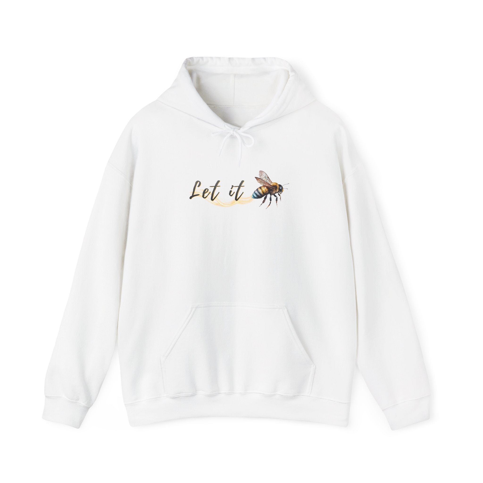 White hoodie with a bee graphic and 'Let it' text on a white background