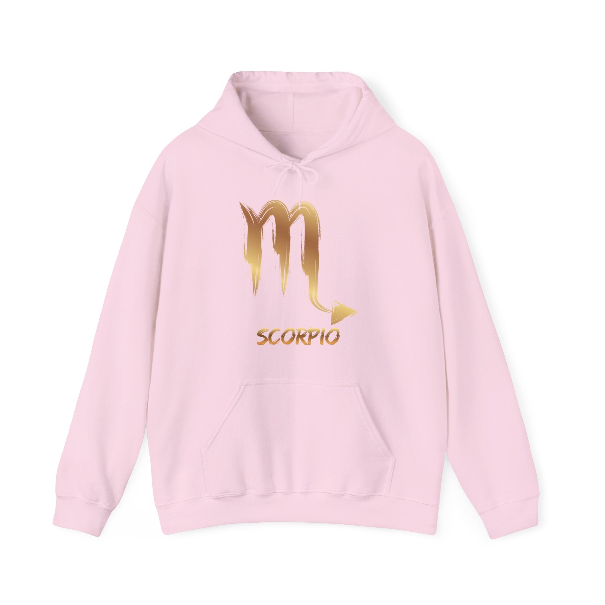 Pink hoodie with gold Scorpio symbol and text on a white background