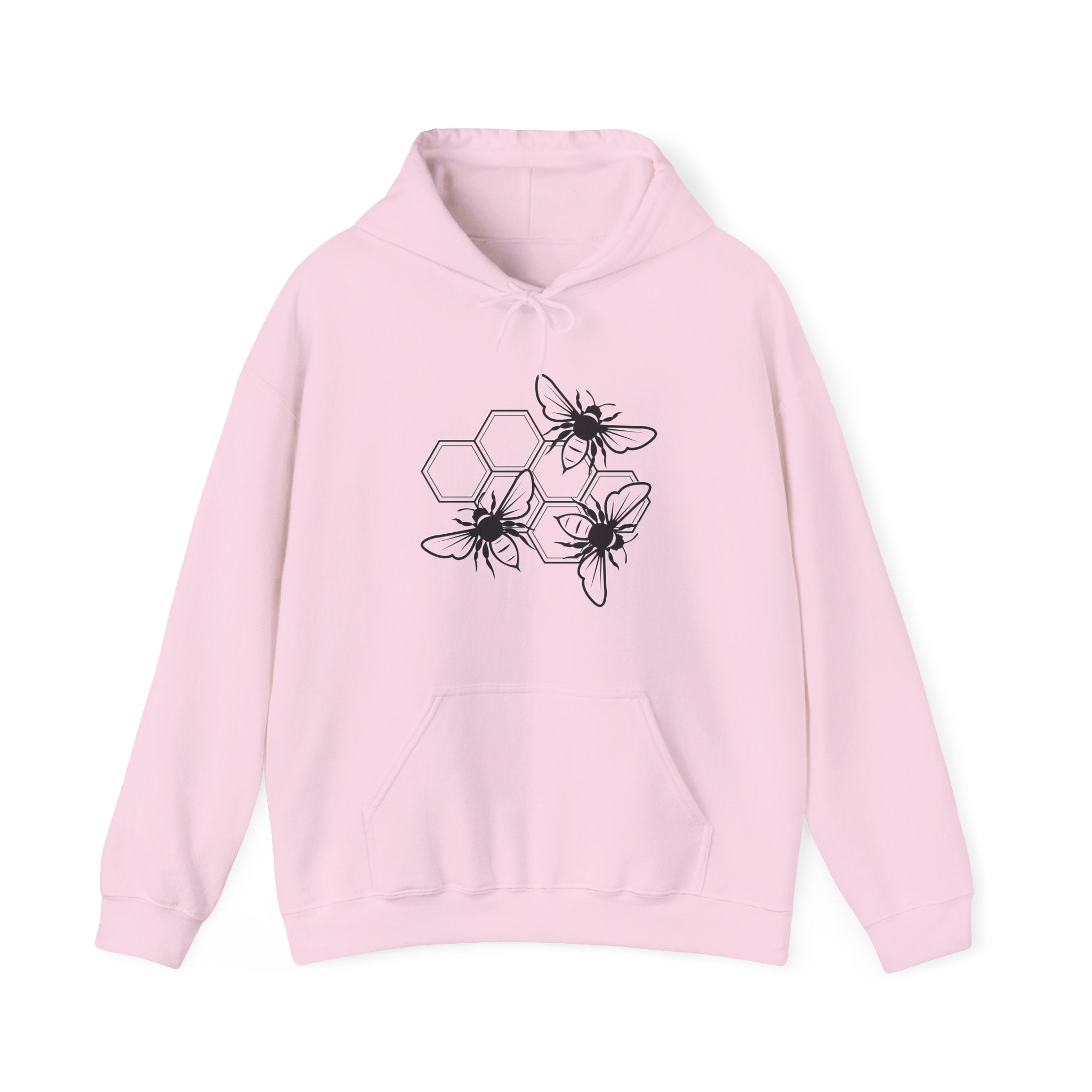 Pink hoodie with a bee design on a white background