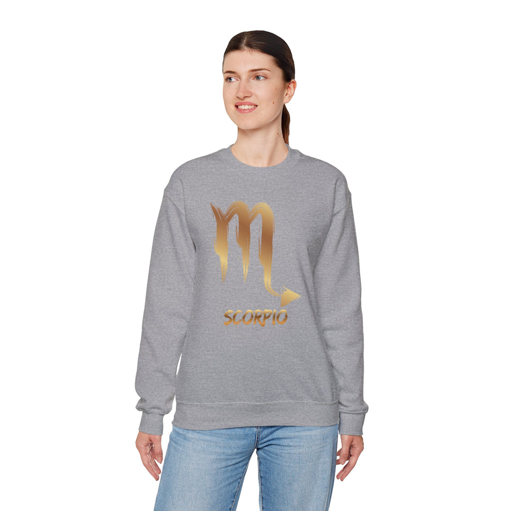 Woman wearing a gray sweatshirt with Scorpio symbol and text on a white background