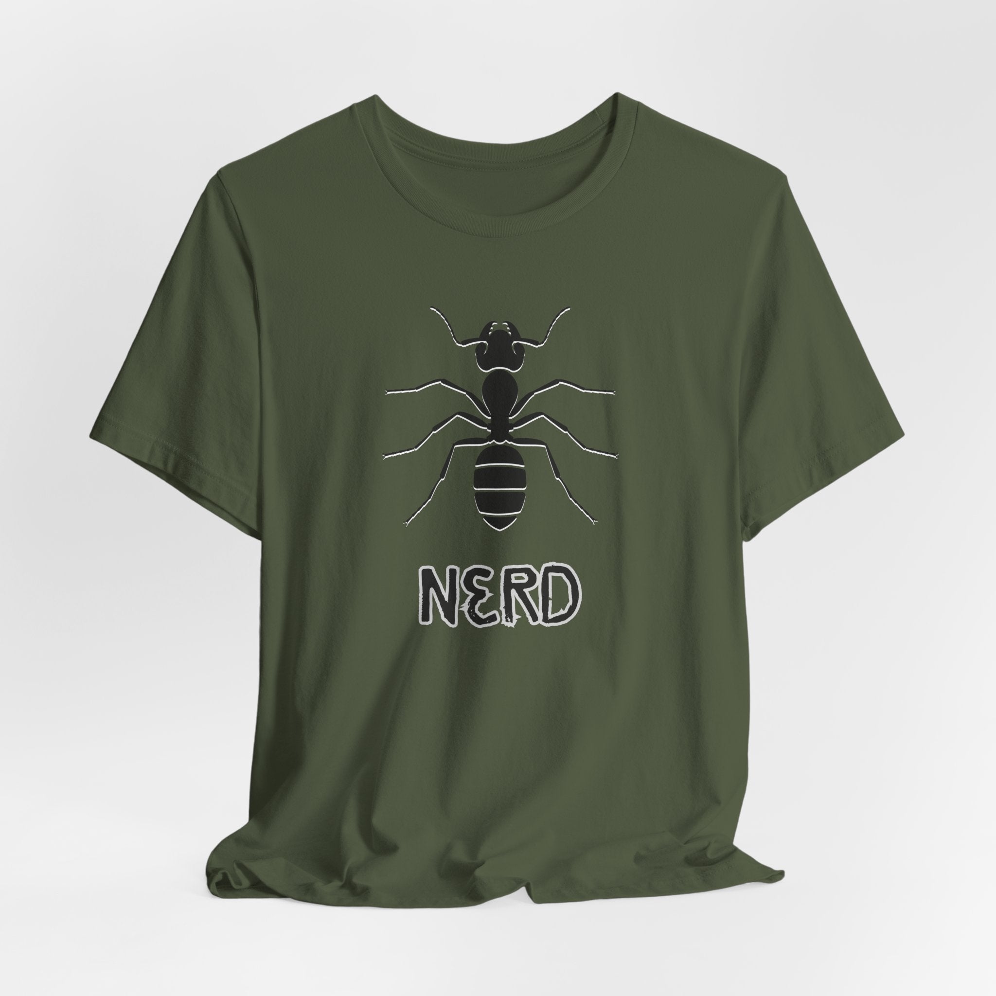 Green t-shirt with an ant design and text nerd on a light gray background