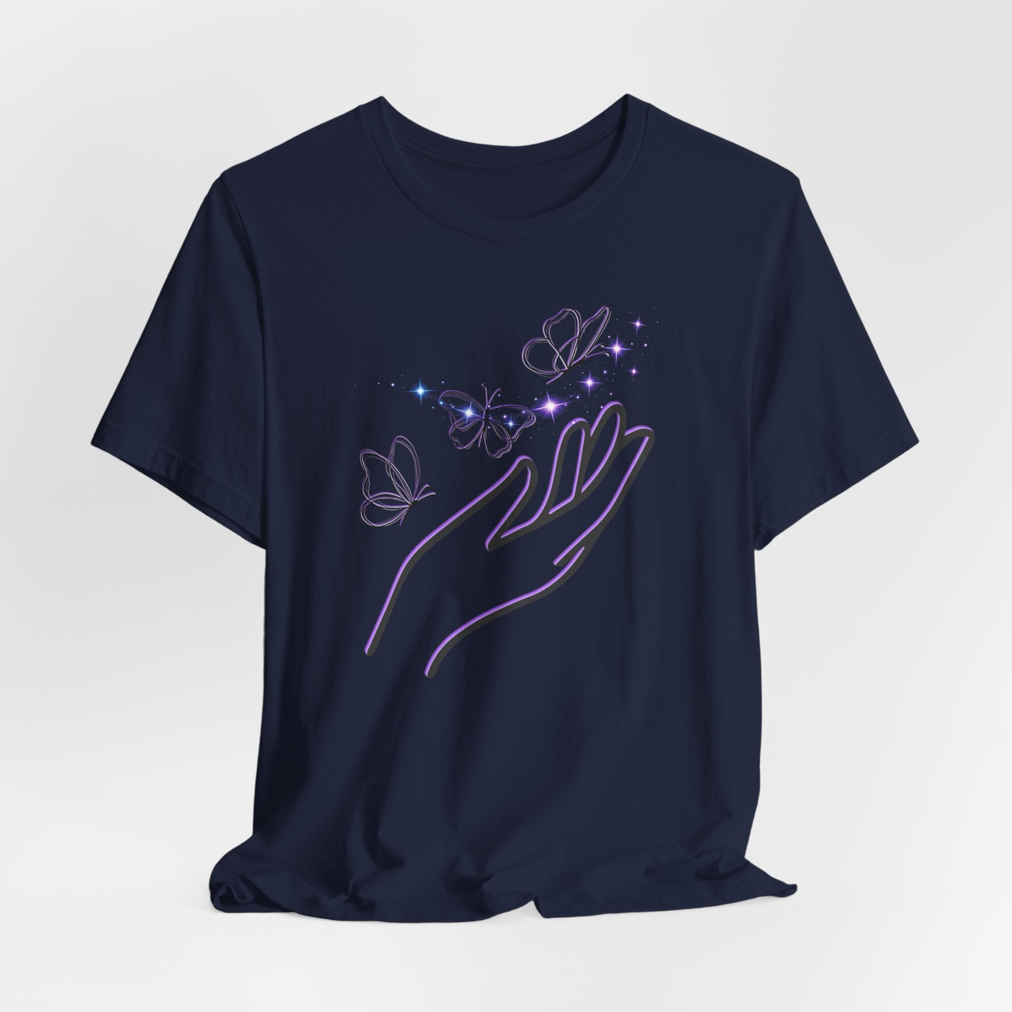 Navy blue t-shirt with a hand and butterfly design on a light gray background