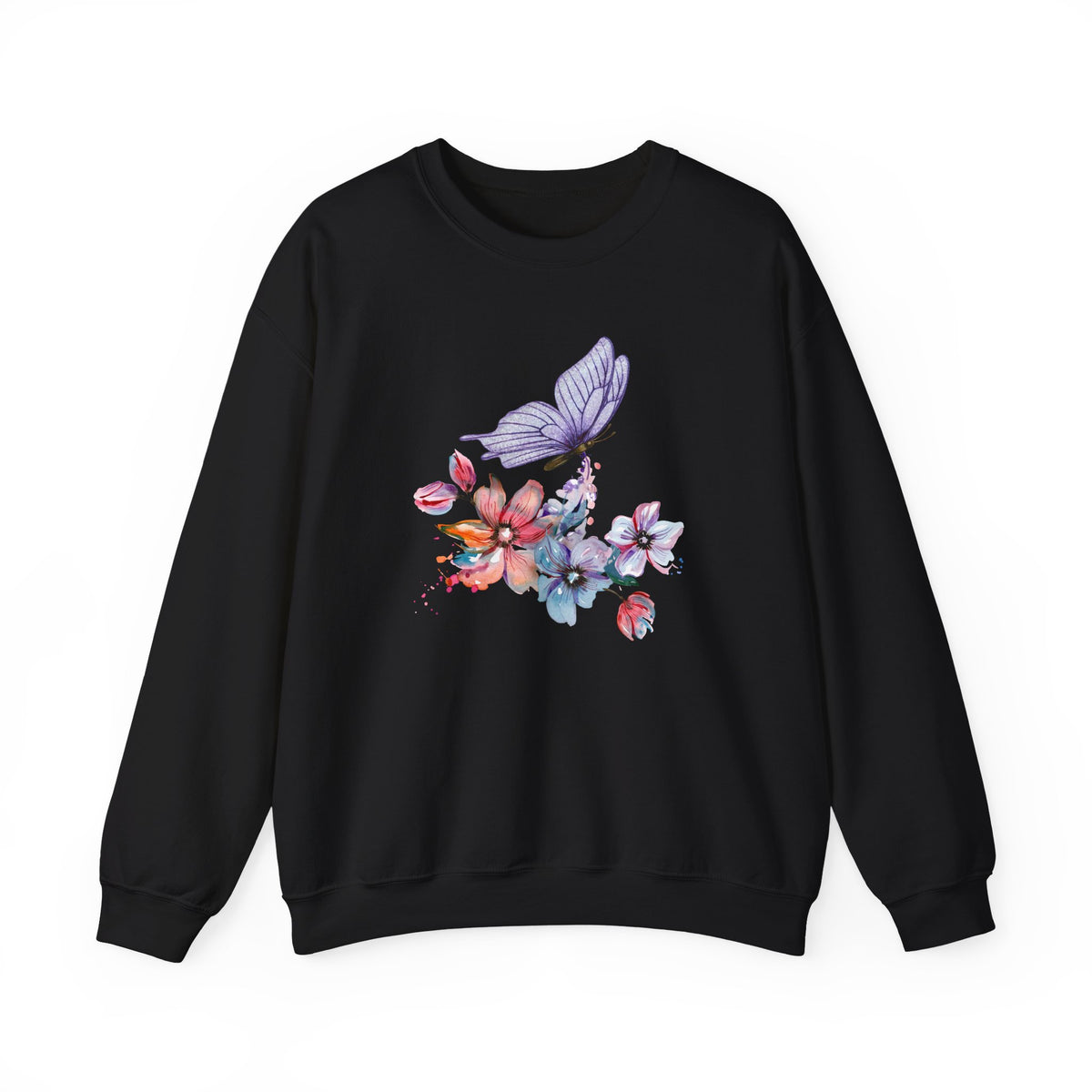 Black sweatshirt with colorful floral and butterfly design on a white background