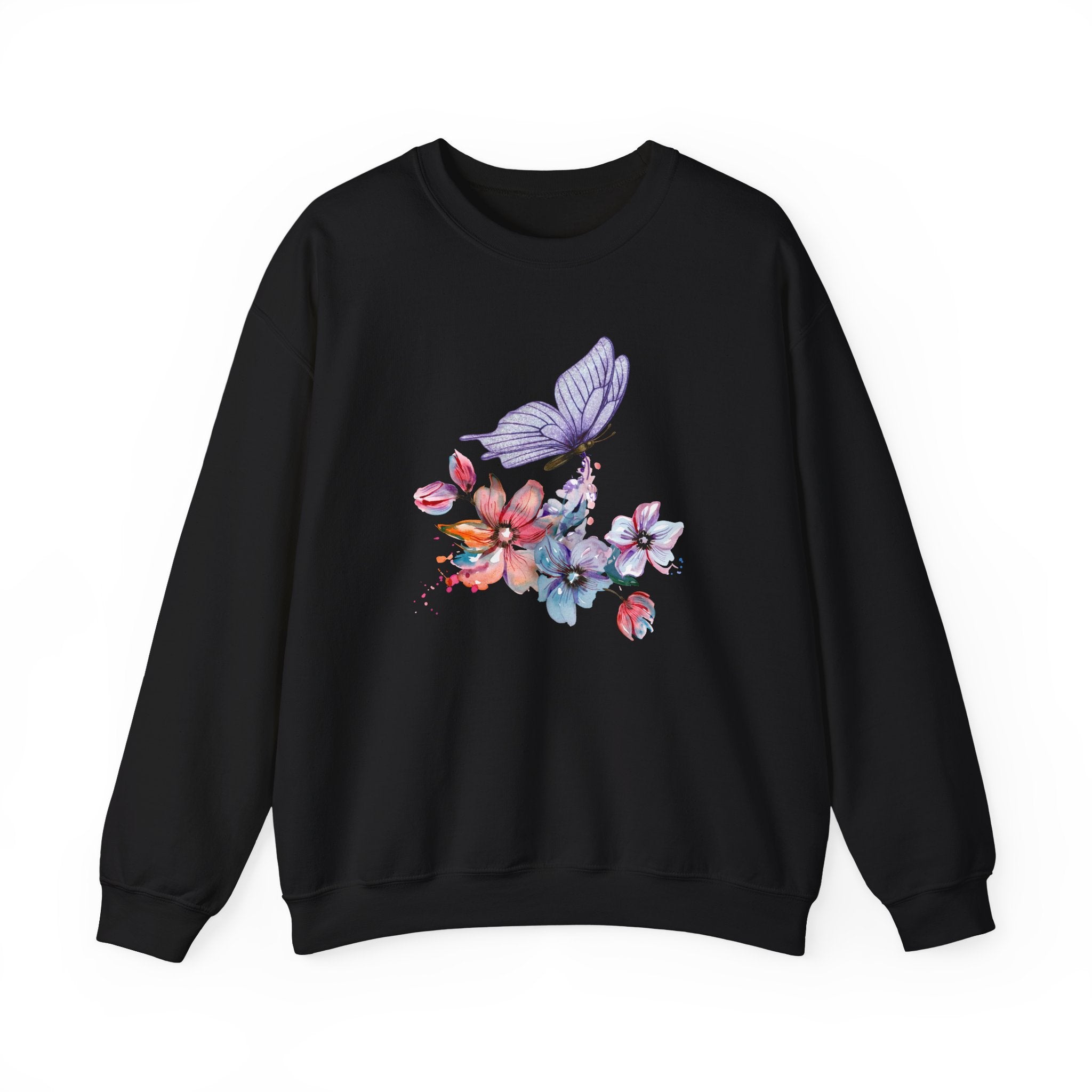 Black sweatshirt with colorful floral and butterfly design on a white background