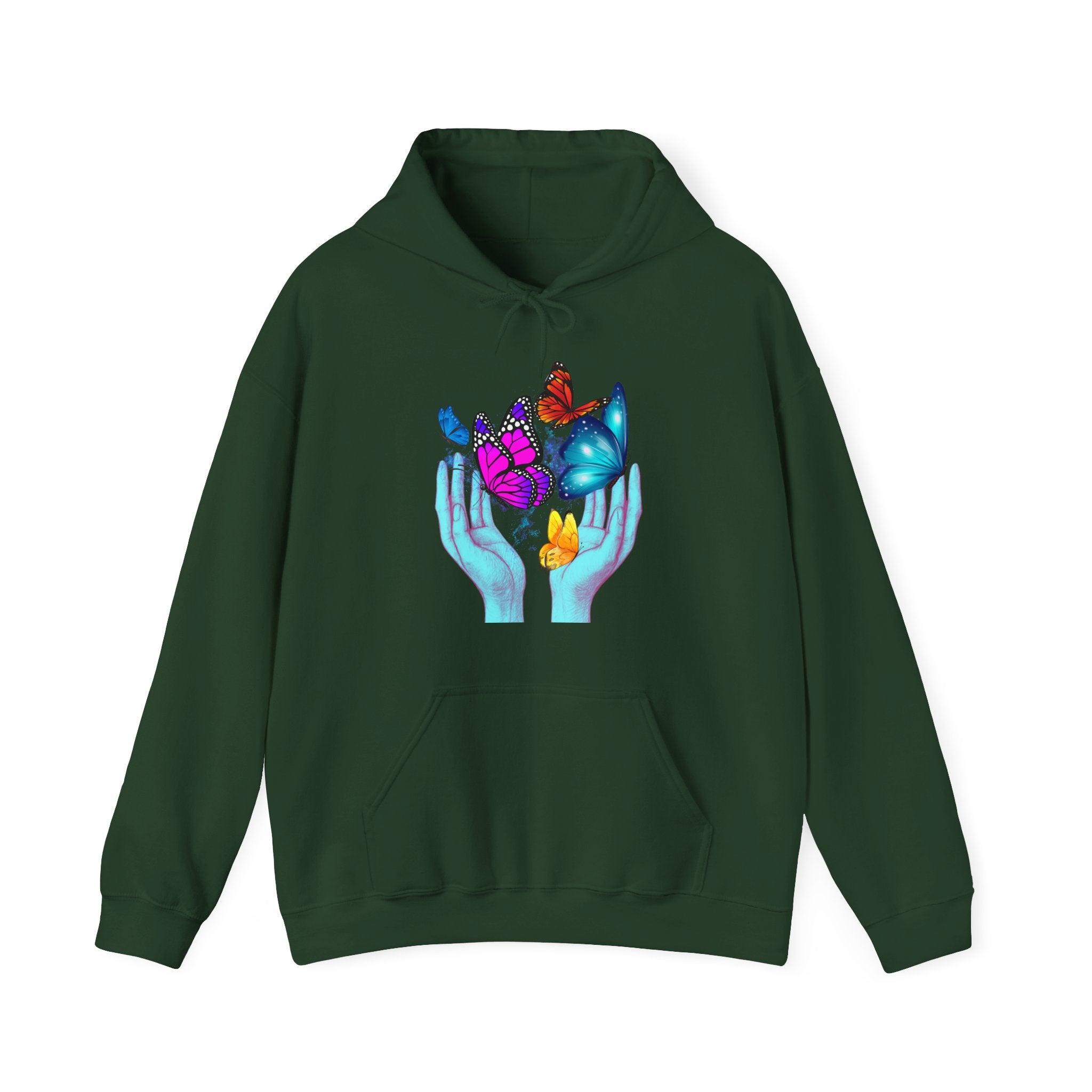 Green hoodie with a butterfly and hand design on a white background