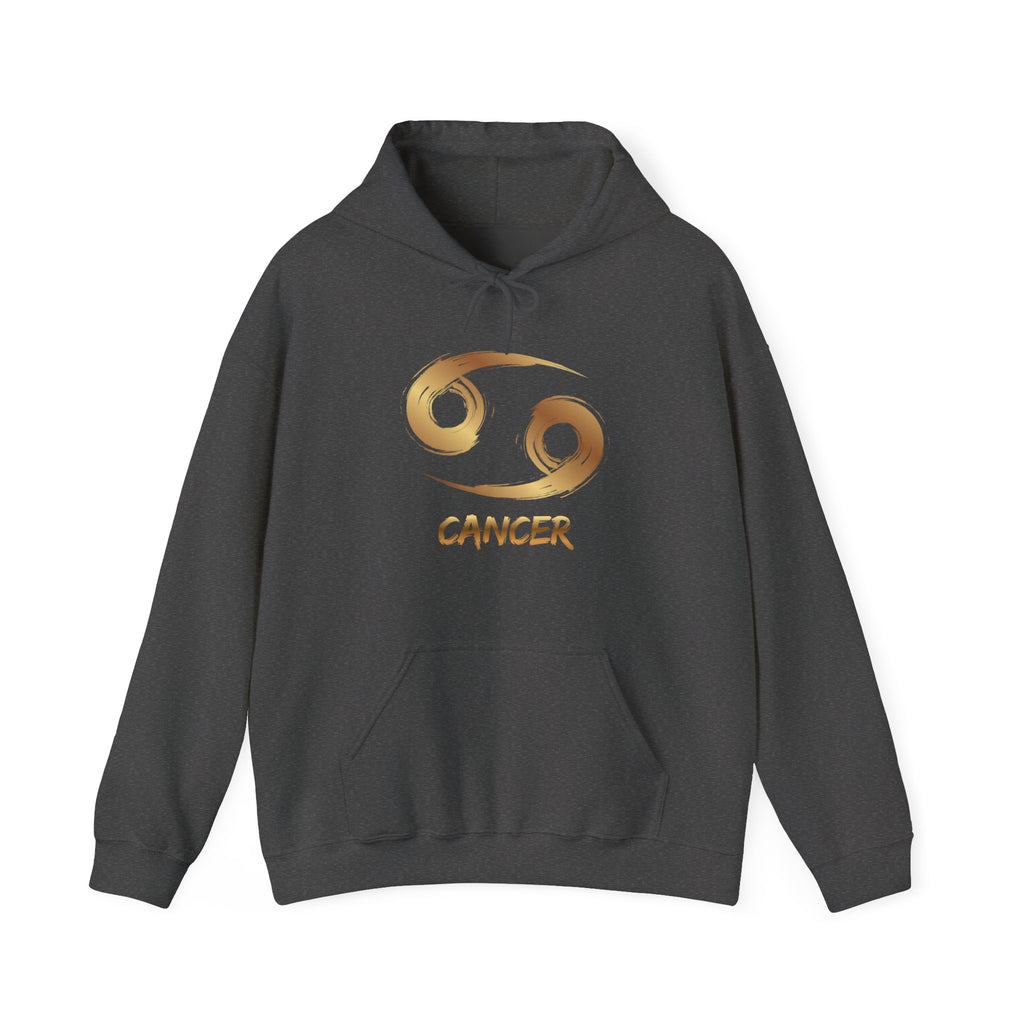 Gray hoodie with gold Cancer zodiac symbol on a white background