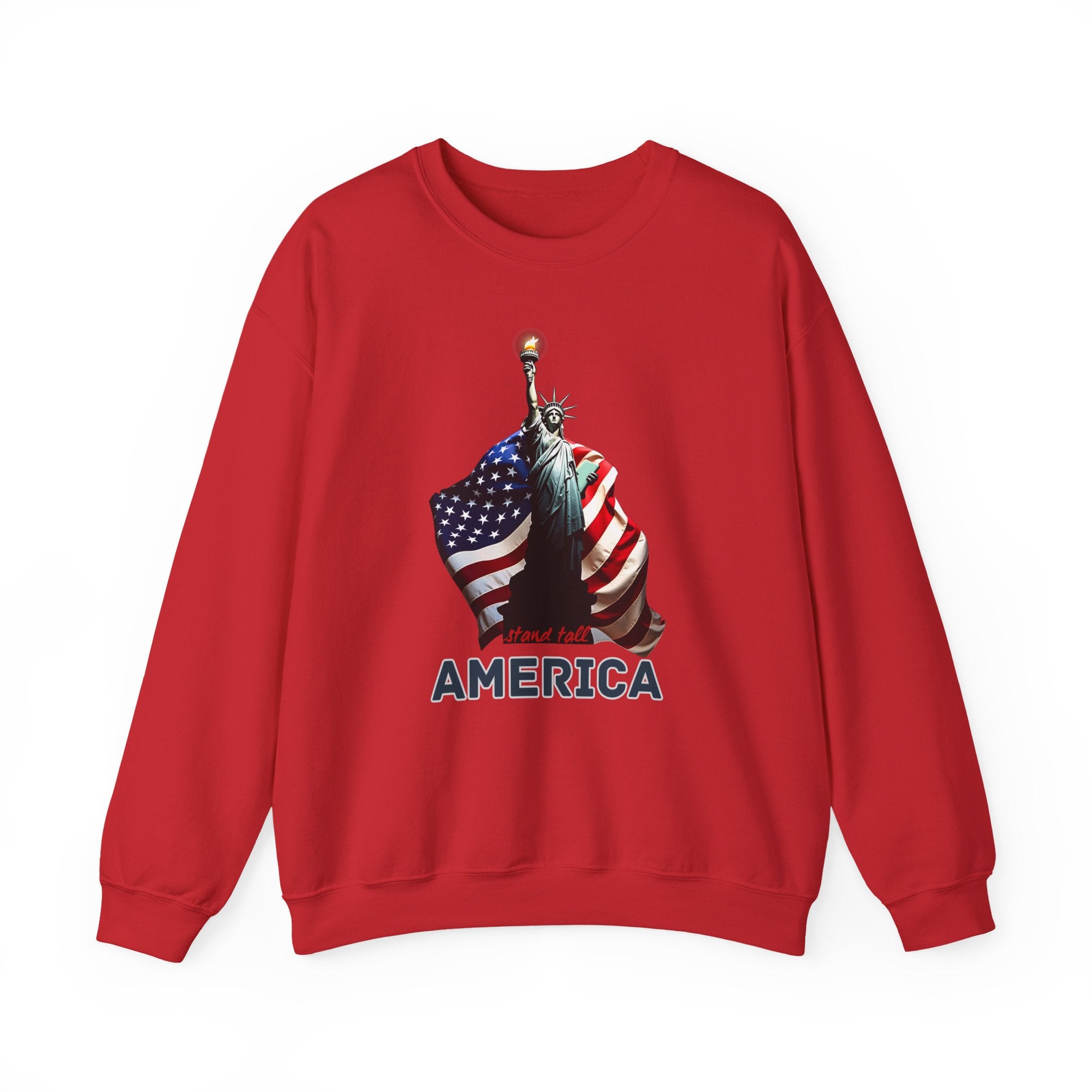 Red sweatshirt with Statue of Liberty and American flag design on a white background