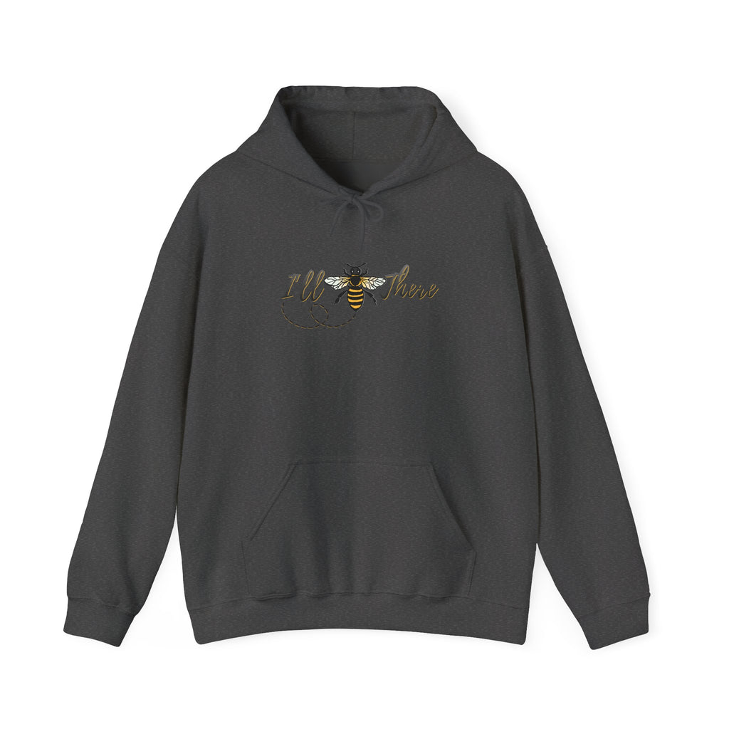 Dark gray hoodie with a bee and text  design on a white background
