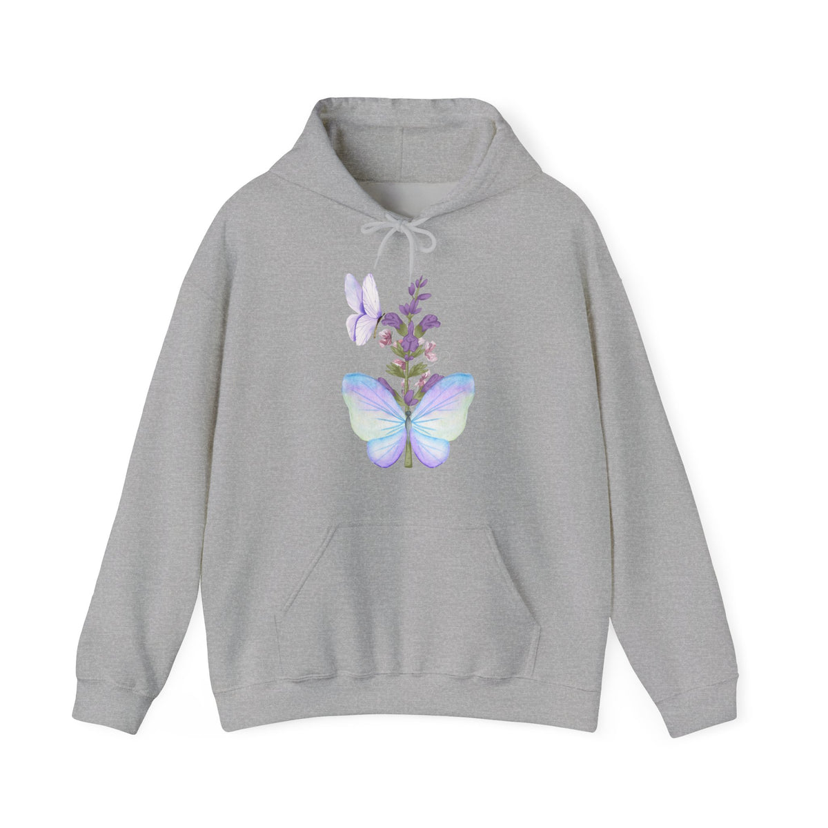 Gray hoodie with a butterfly and floral design on a white background