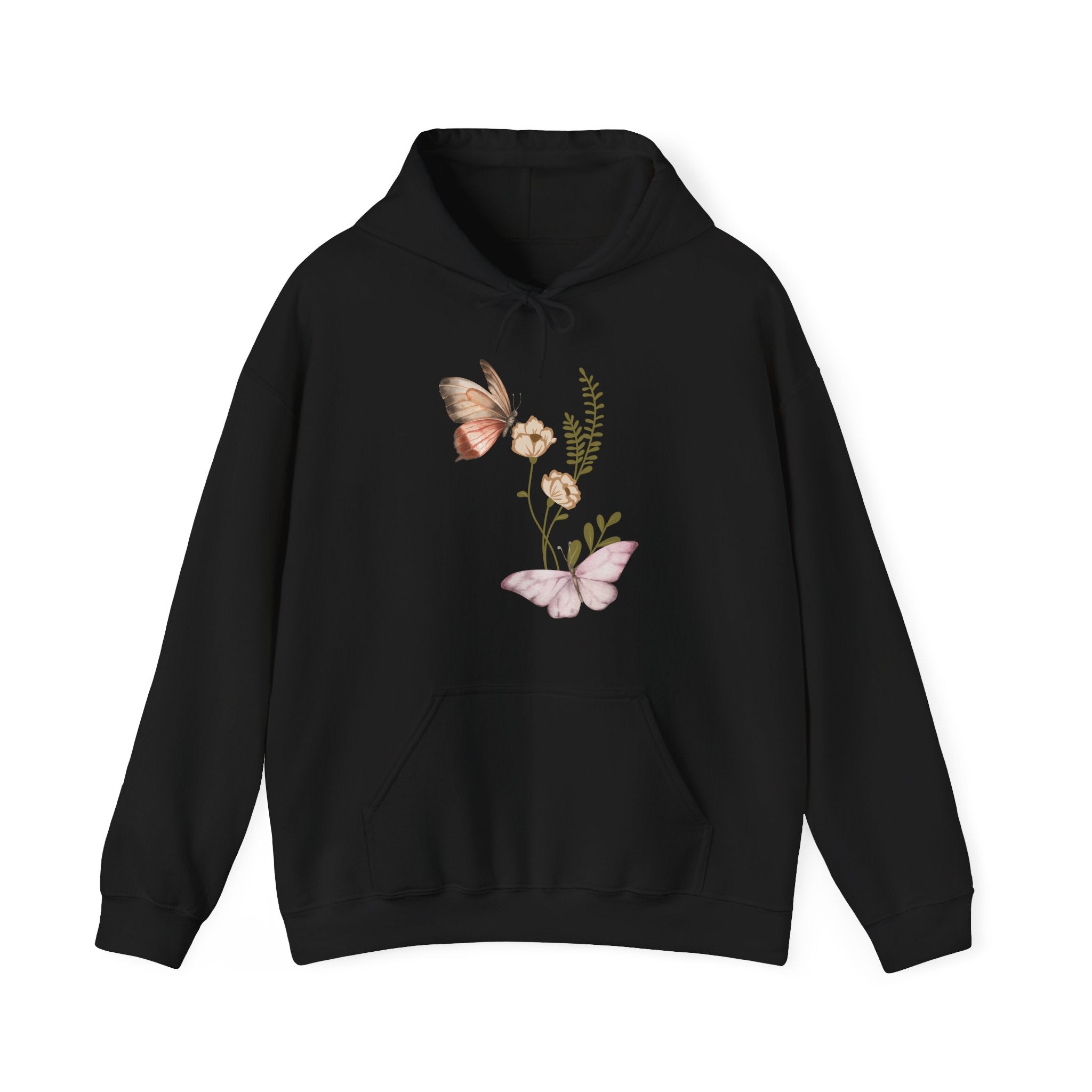 Black hoodie with butterfly and floral design on a white background