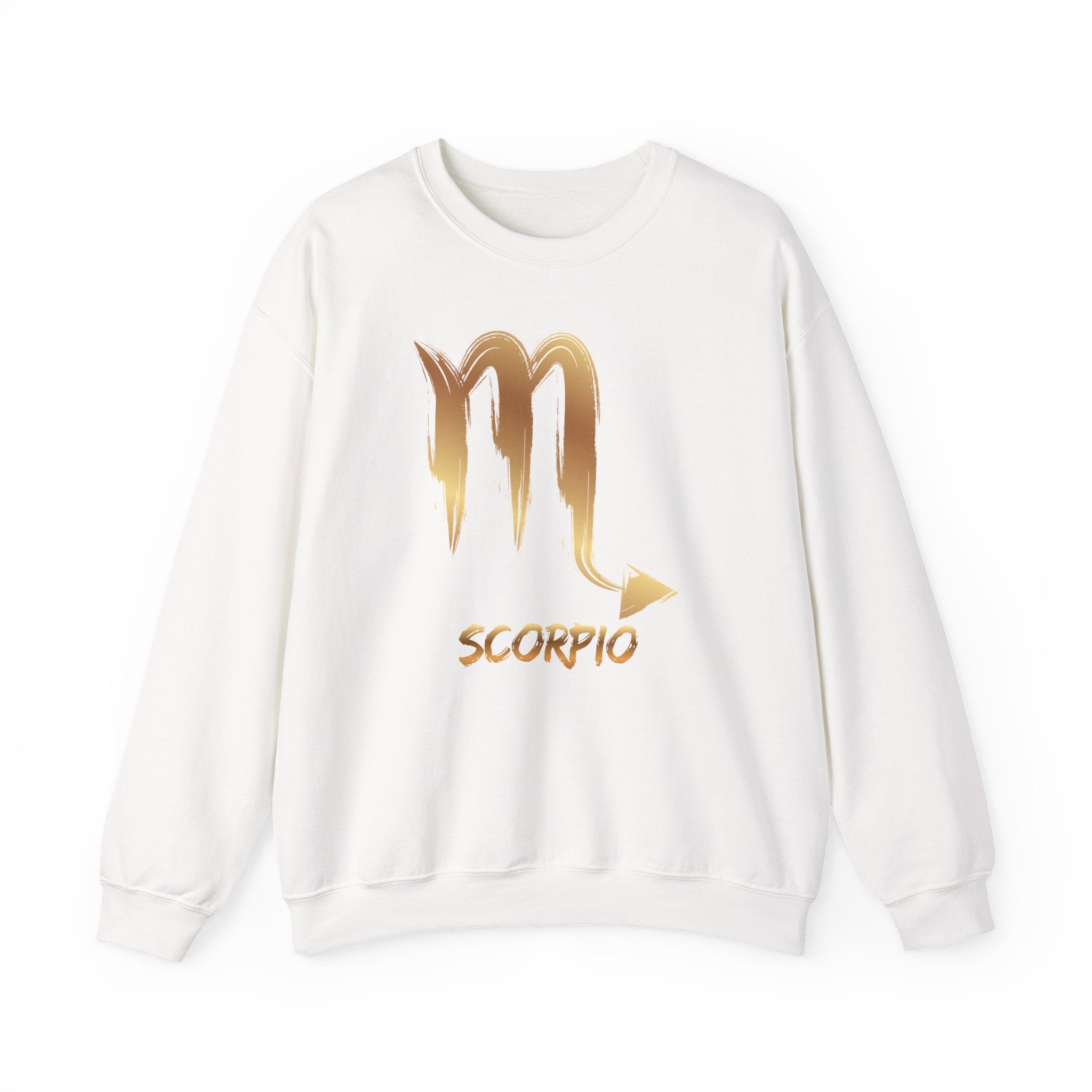 White sweatshirt with gold Scorpio zodiac symbol on a white background