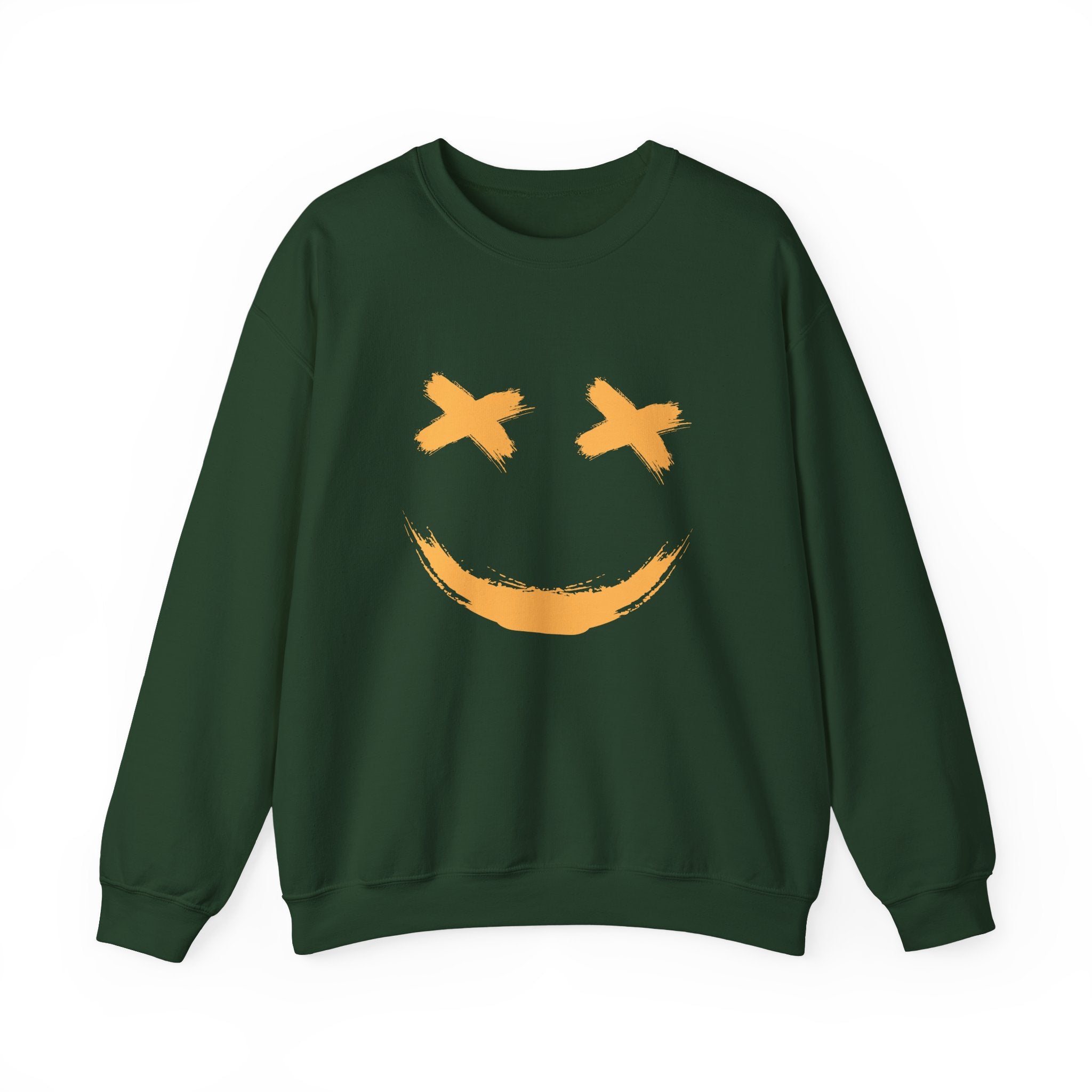 Green sweatshirt with a yellow smiley face design on a white background