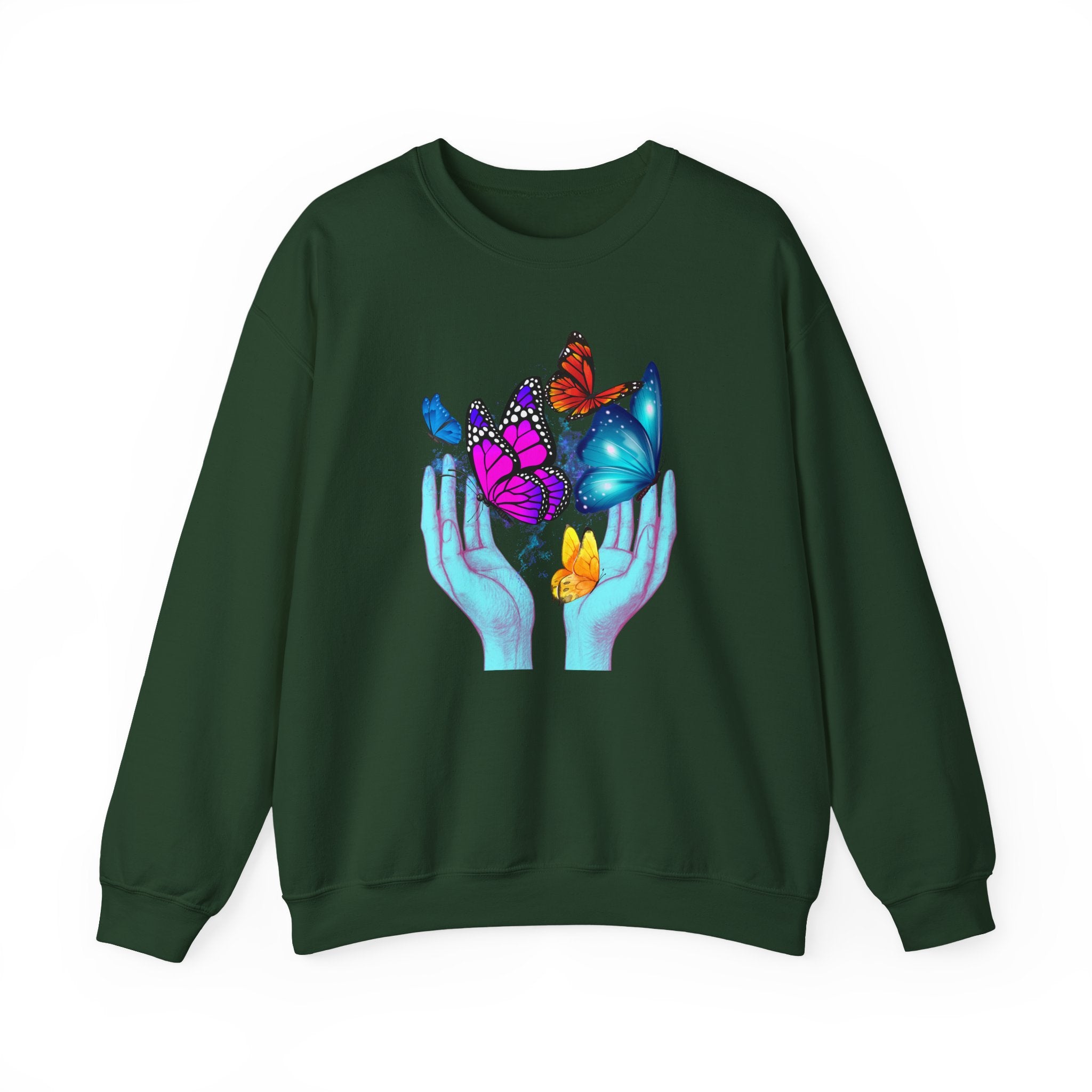 Green sweatshirt with colorful butterfly design on a white background