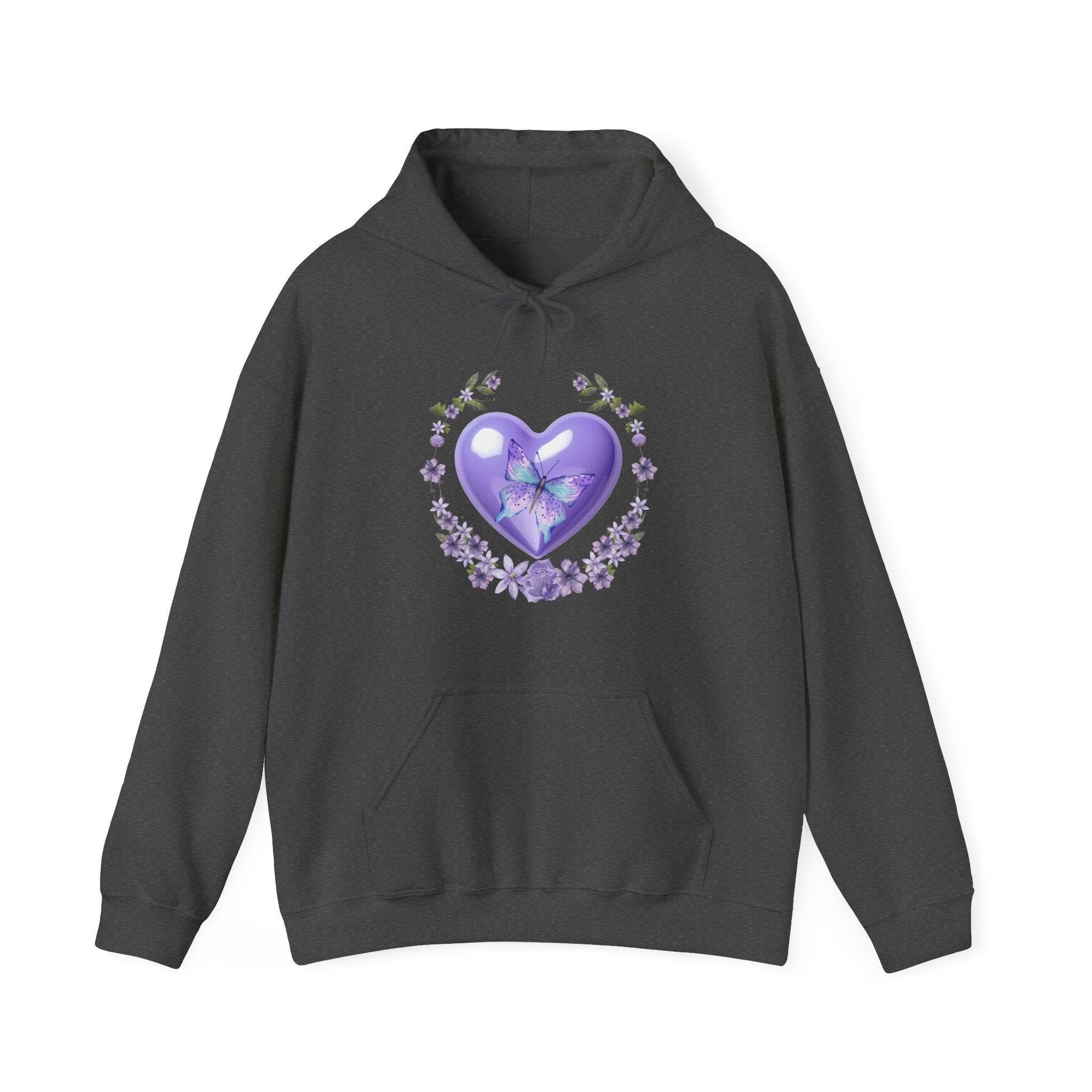 Dark gray hoodie with a purple heart and butterfly design on a white background