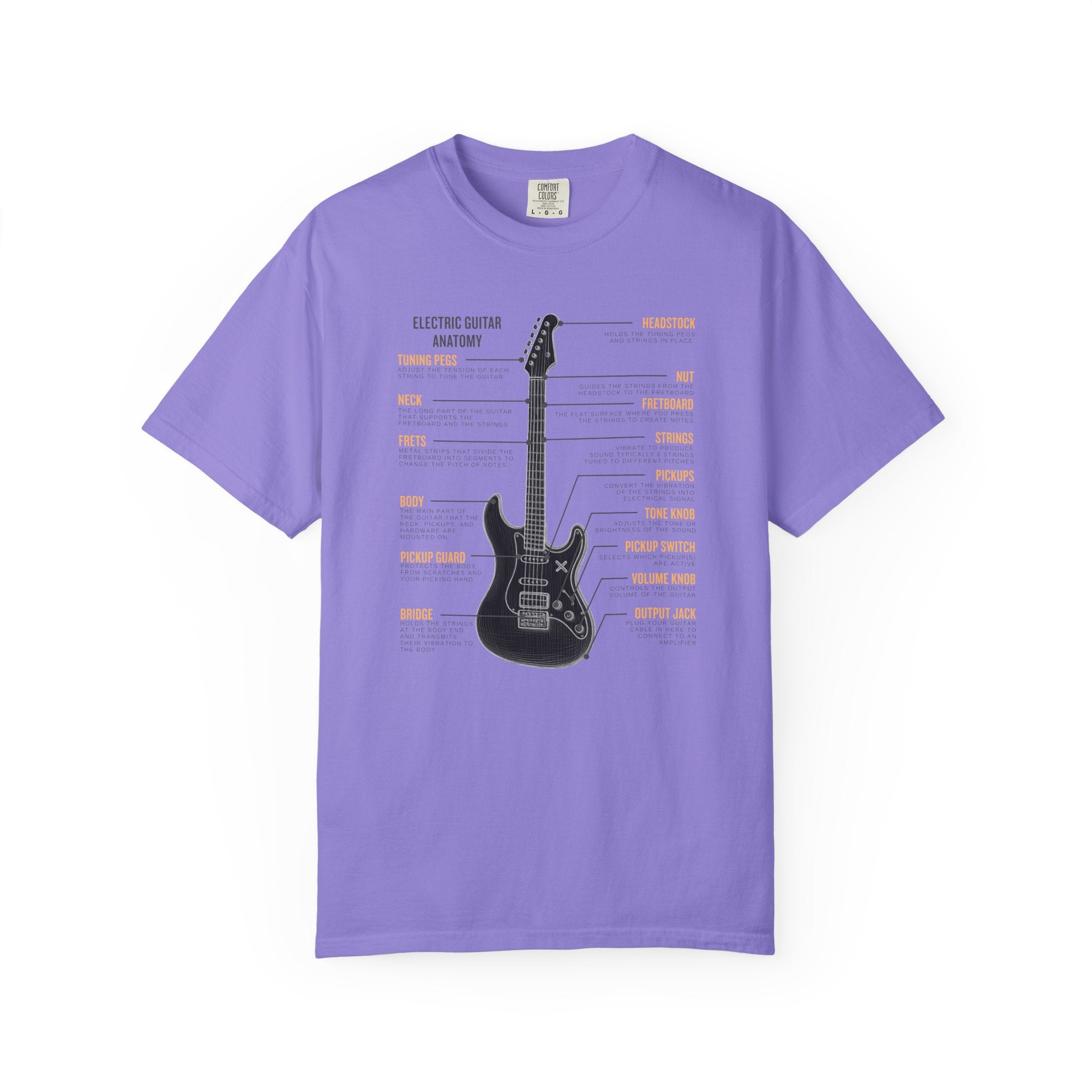 Purple  t-shirt with electric guitar graphic and texts on a white background