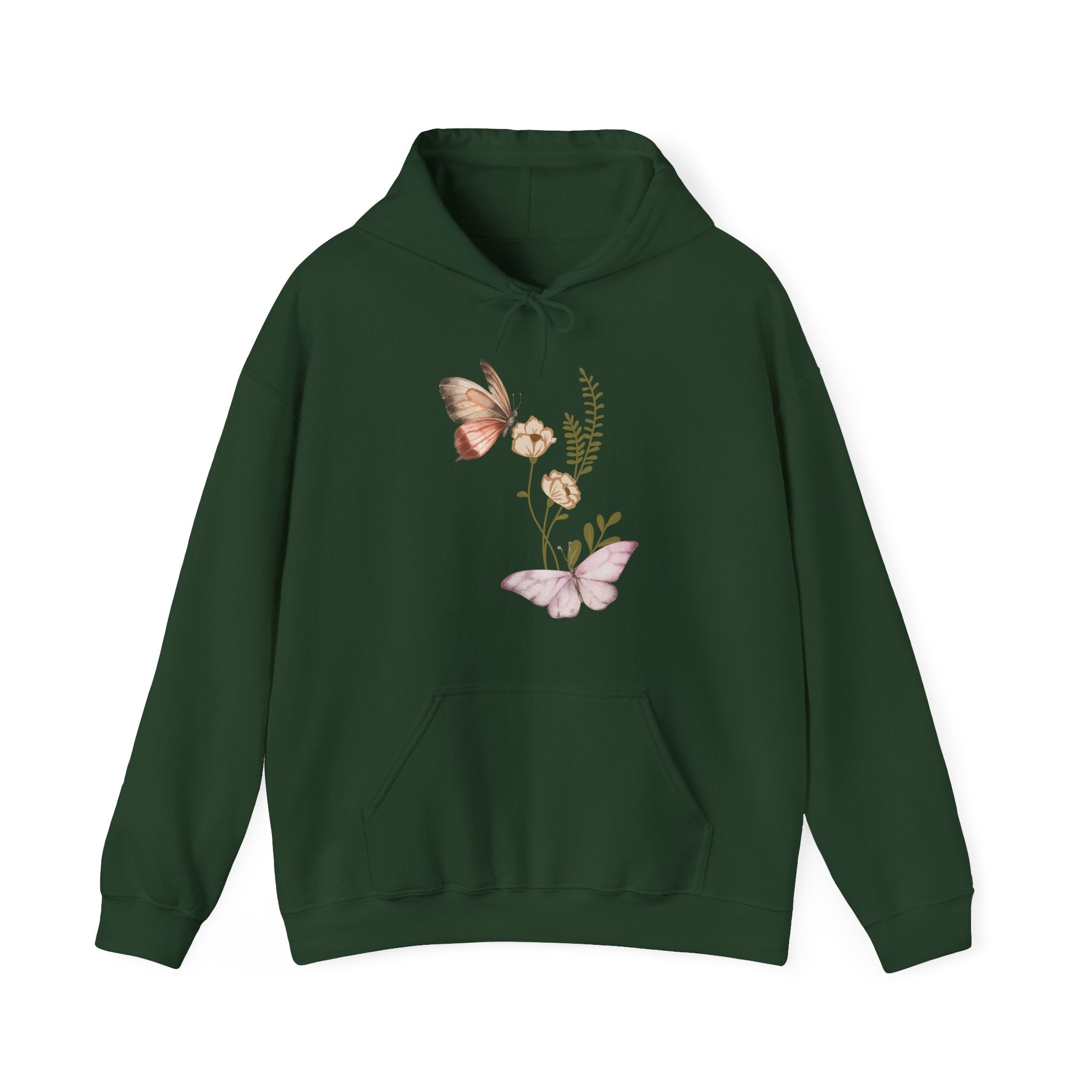 Green hoodie with butterfly and floral design on a white background