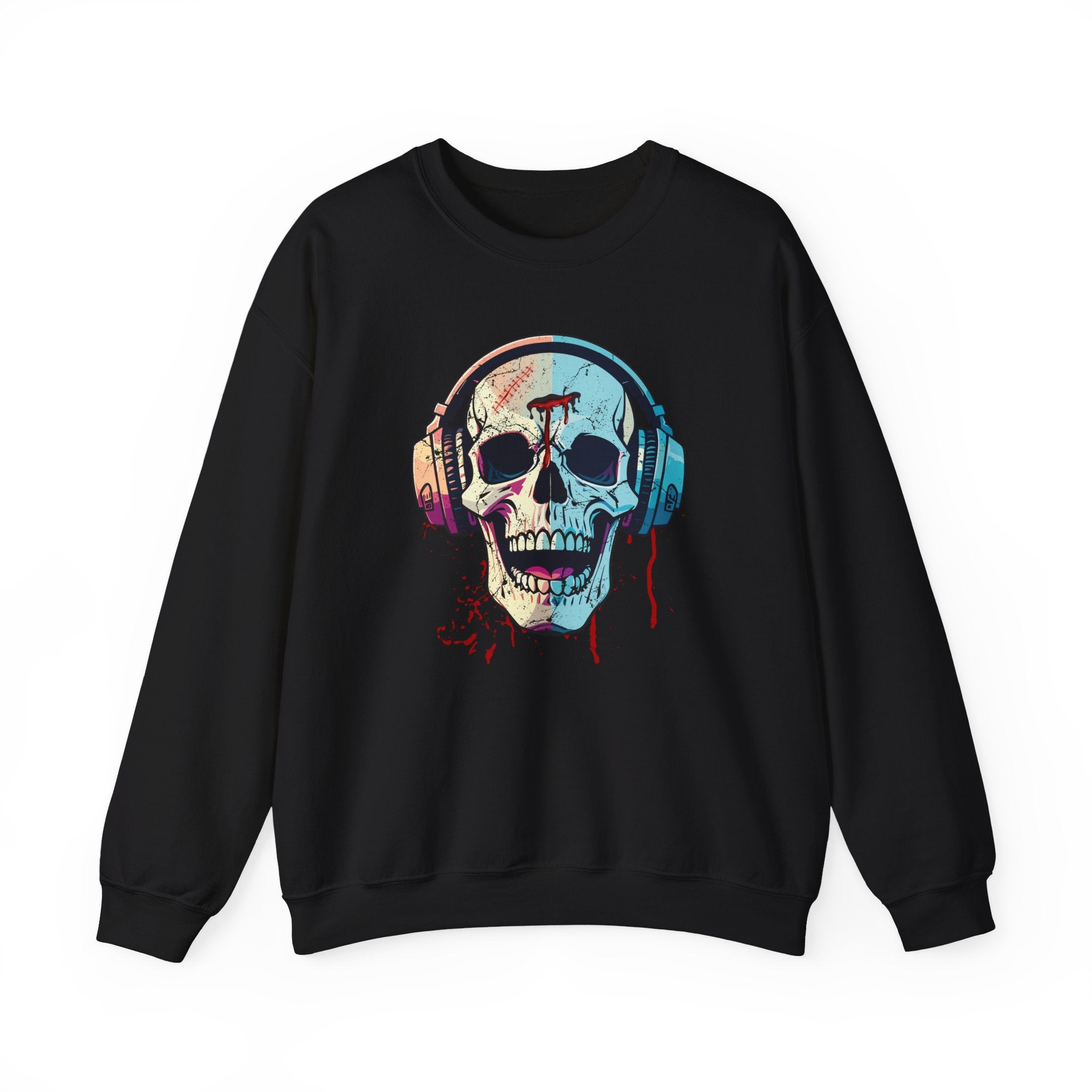 Black sweatshirt with a colorful skull and headphones design on a white background