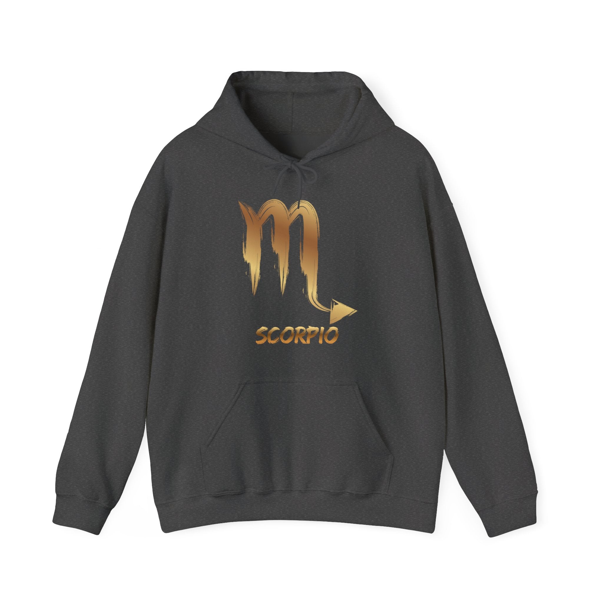 Dark gray hoodie with gold Scorpio symbol and text on a white background