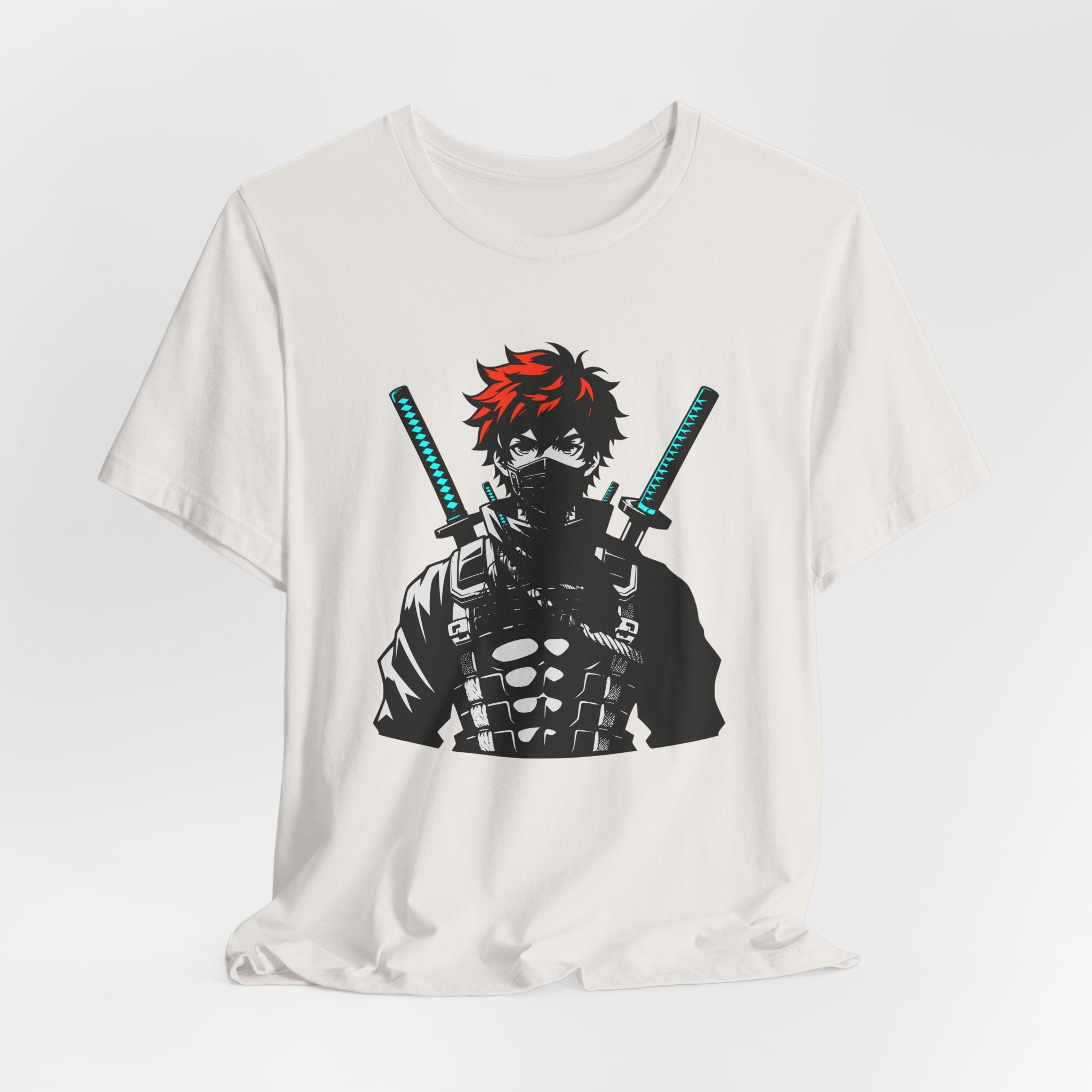 White t-shirt with an anime character holding swords on a white background
