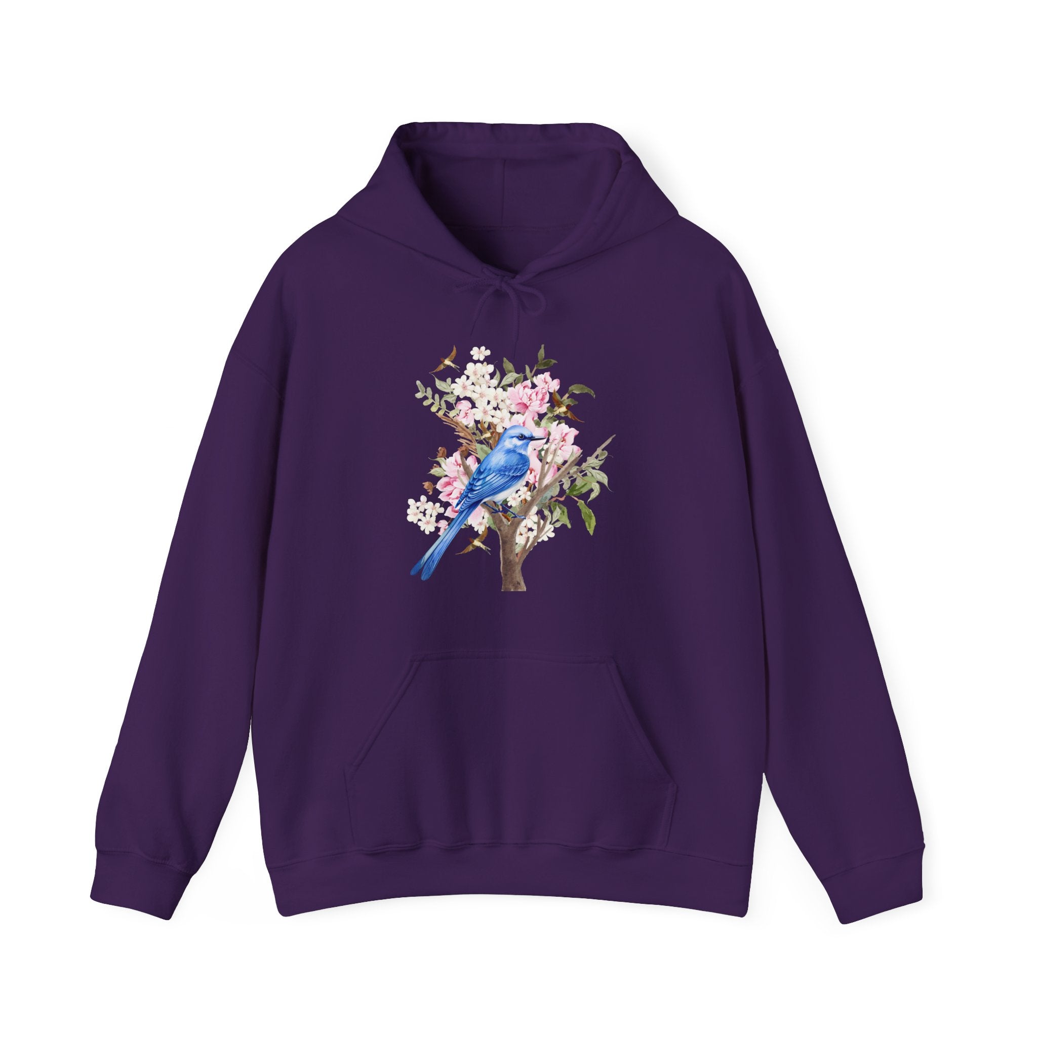 Purple hoodie with a blue bird and floral design on a white background