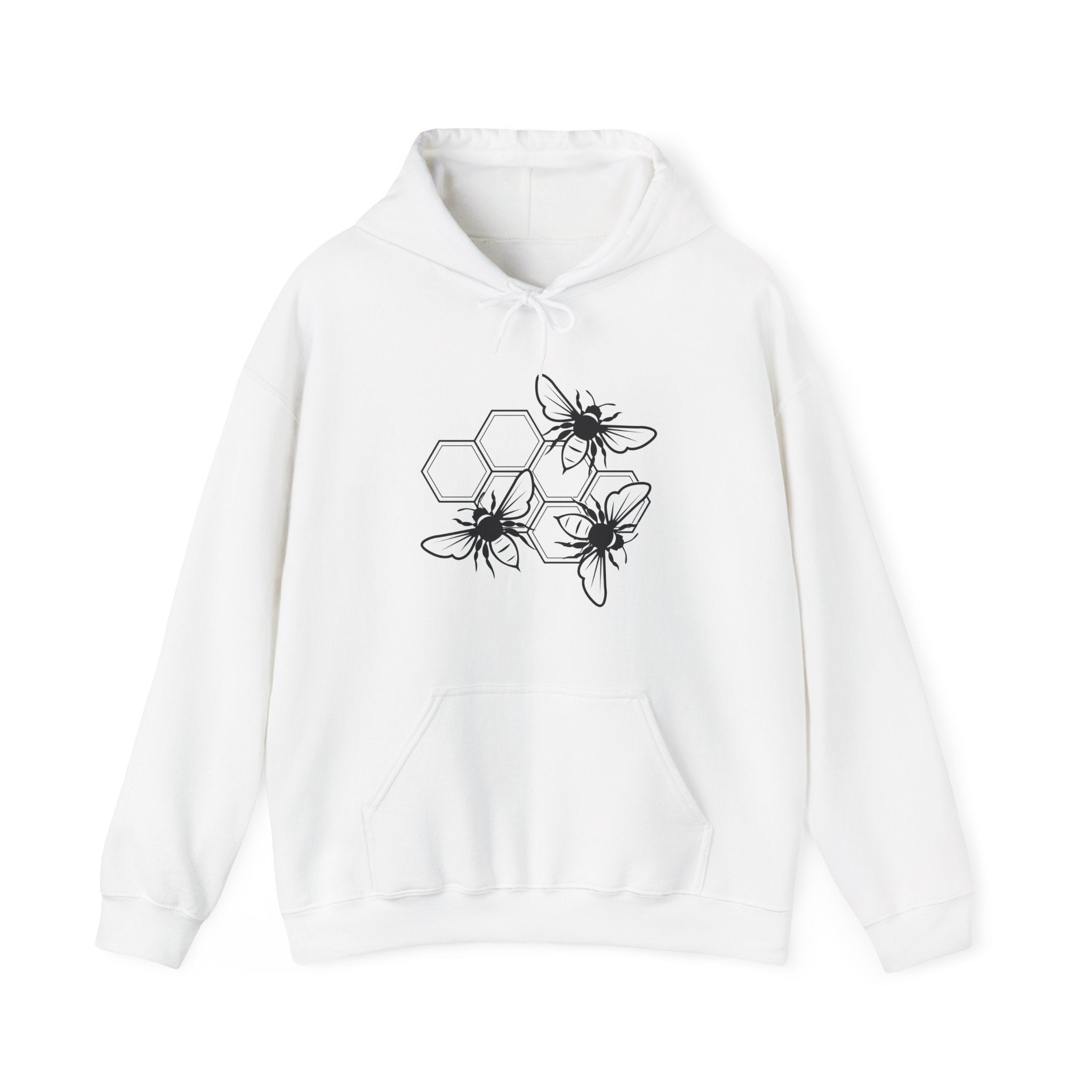 White hoodie with a bee design on a white background