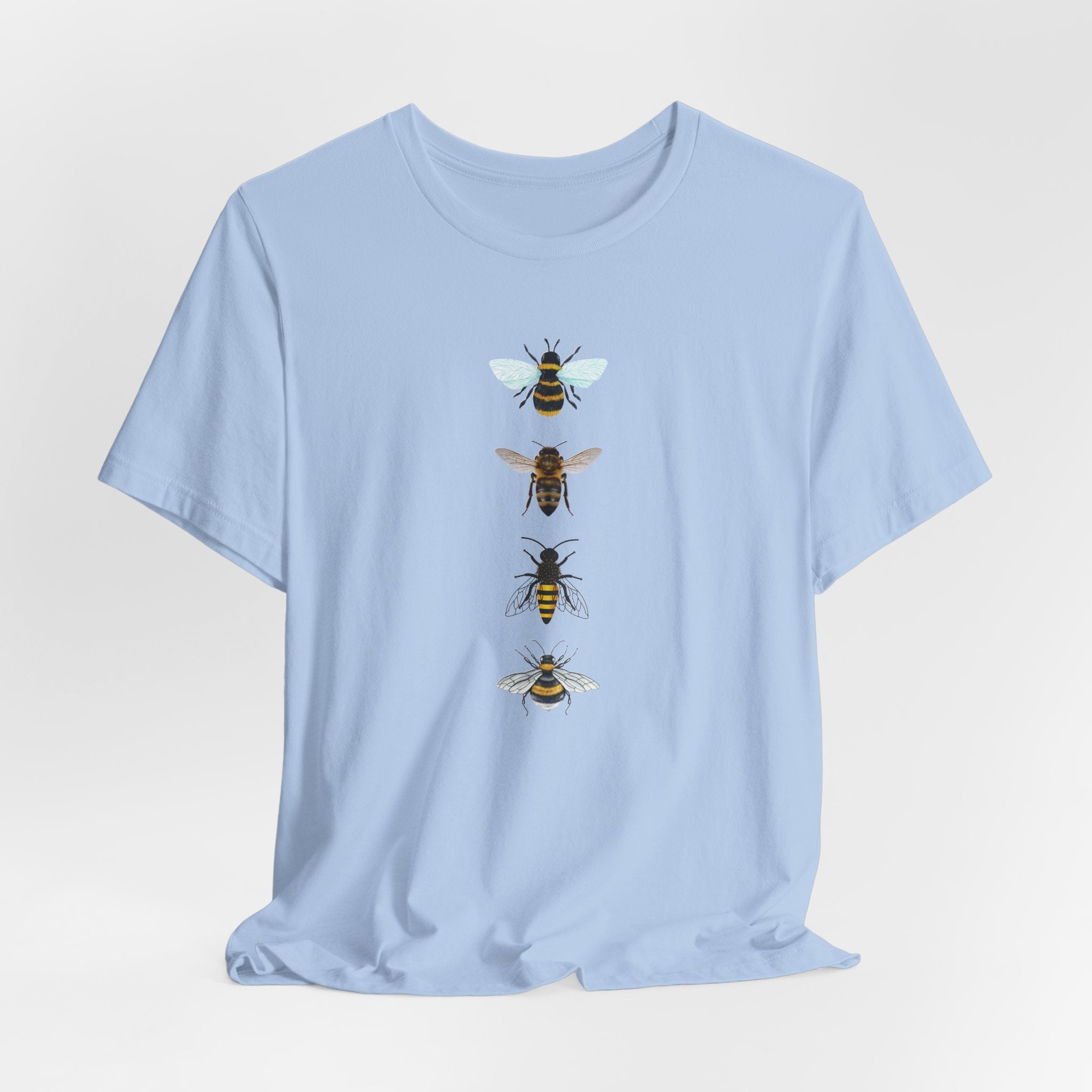 Light blue t-shirt with bee illustrations on a white background