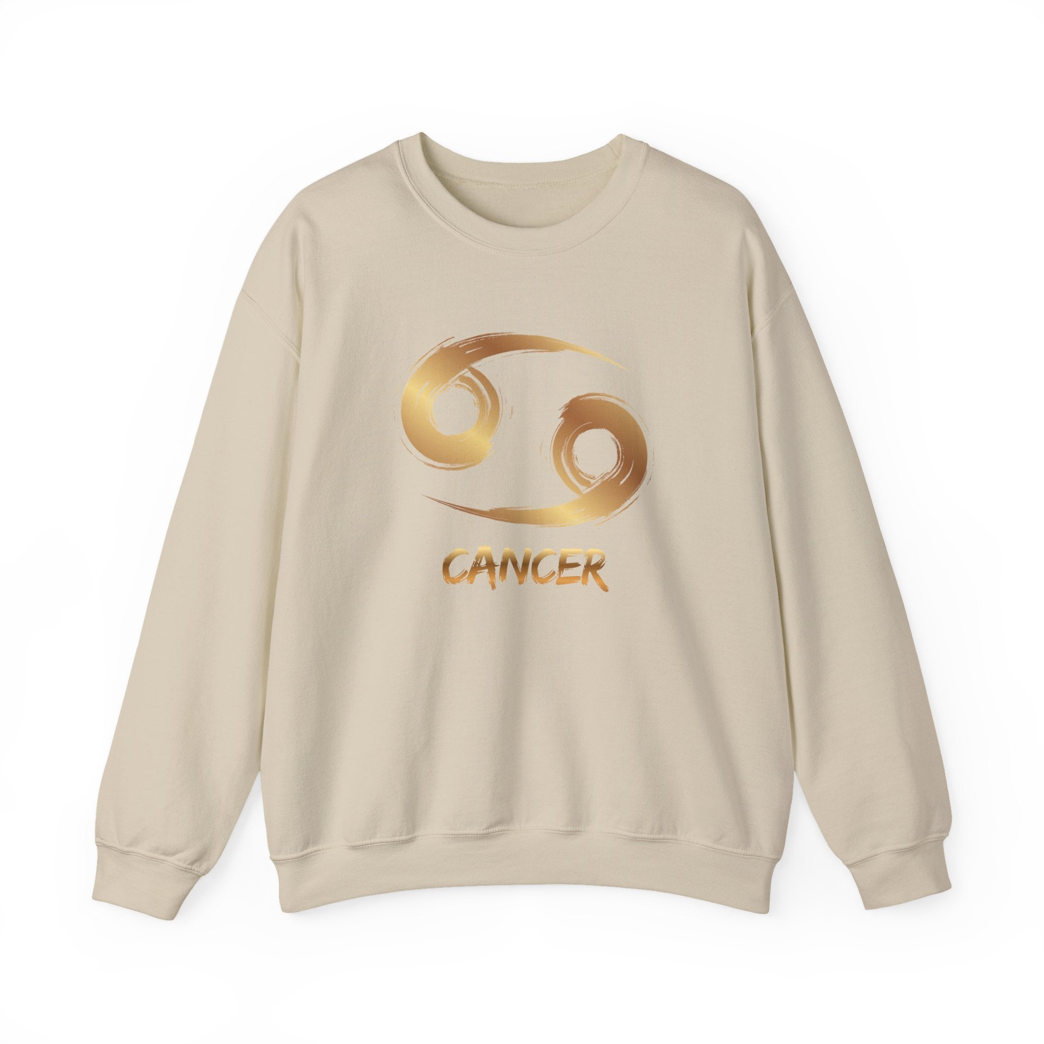 Beige sweatshirt with gold Cancer zodiac symbol on a white background