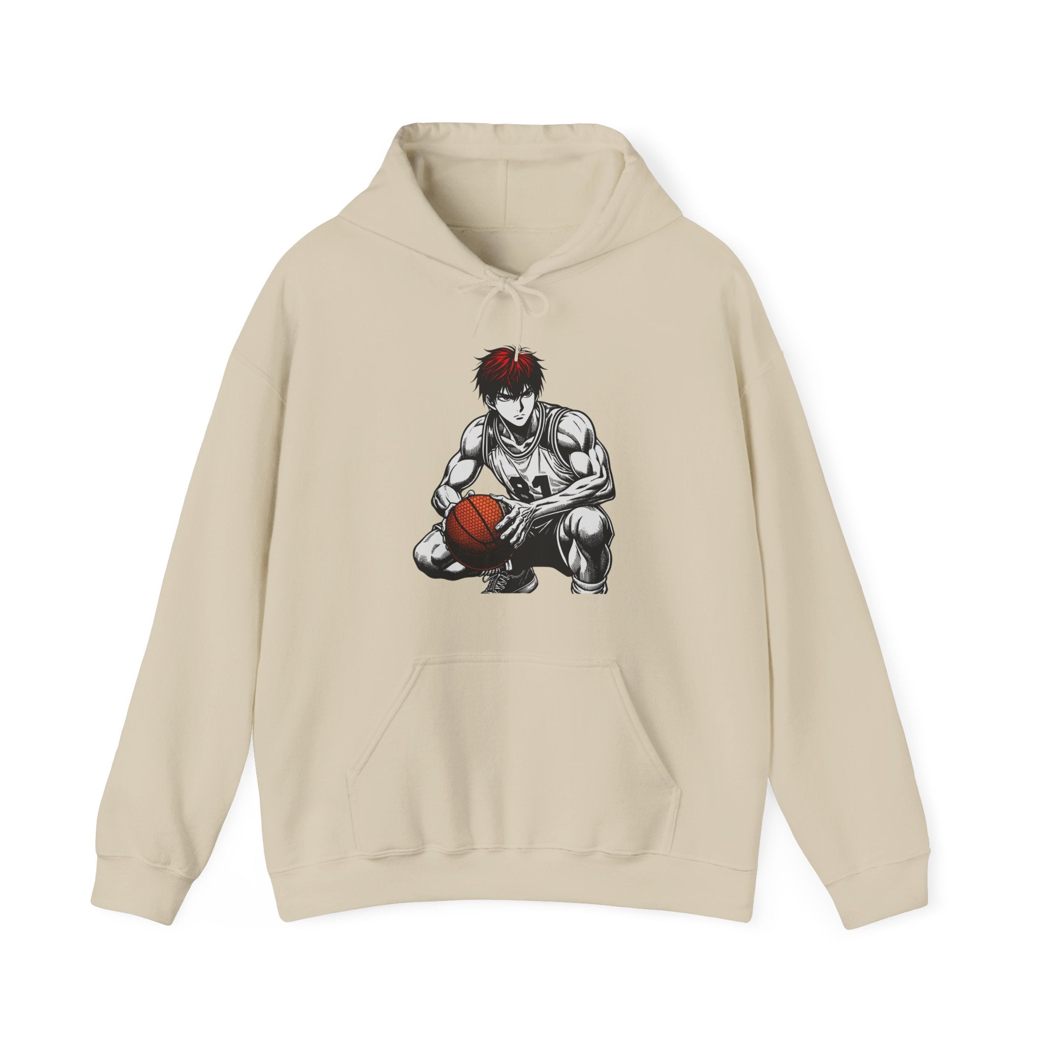 Beige hoodie with a graphic of a person holding a basketball on a white background