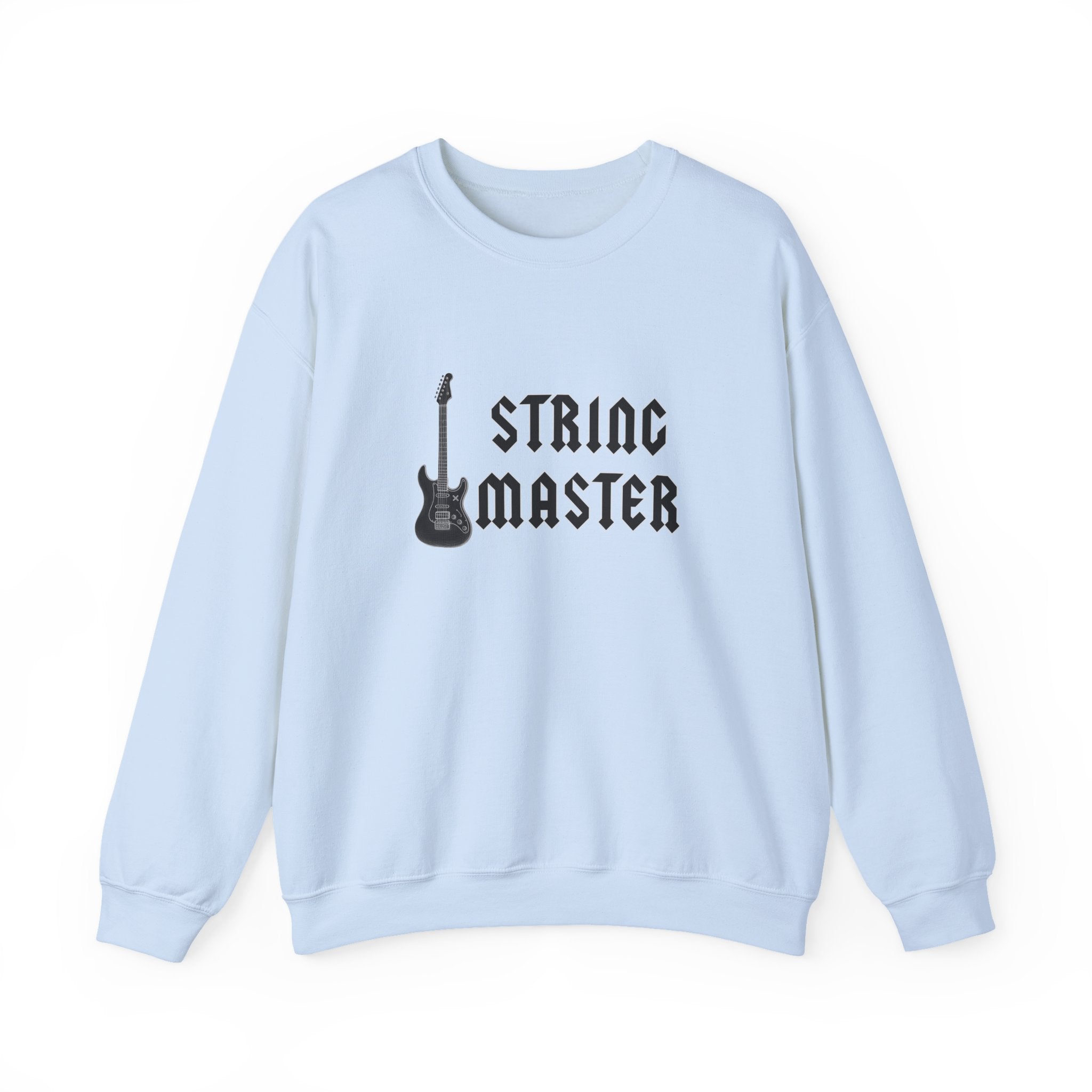 Light blue sweatshirt with 'String Master' text and guitar graphic on a white background