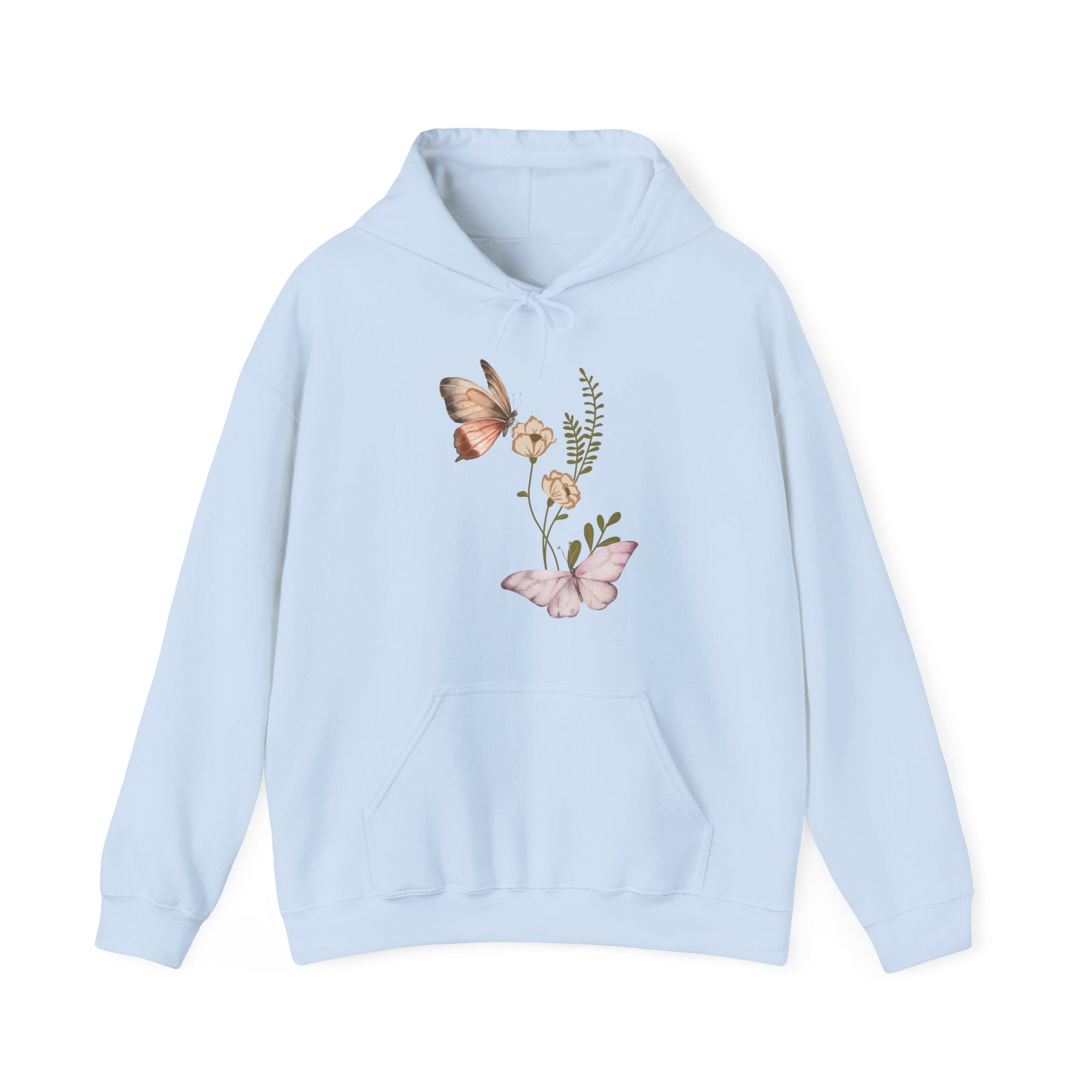 Light blue hoodie with butterfly and floral design on a white background