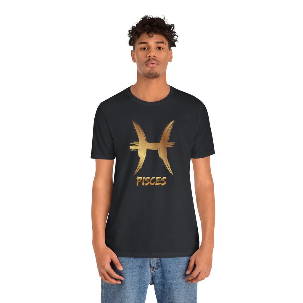 Person wearing a black t-shirt with a gold Pisces symbol on a white background