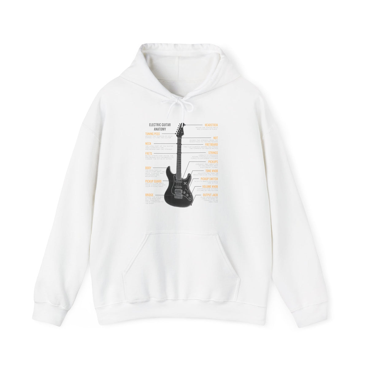 White hoodie with electric guitar graphic and texts on a white 