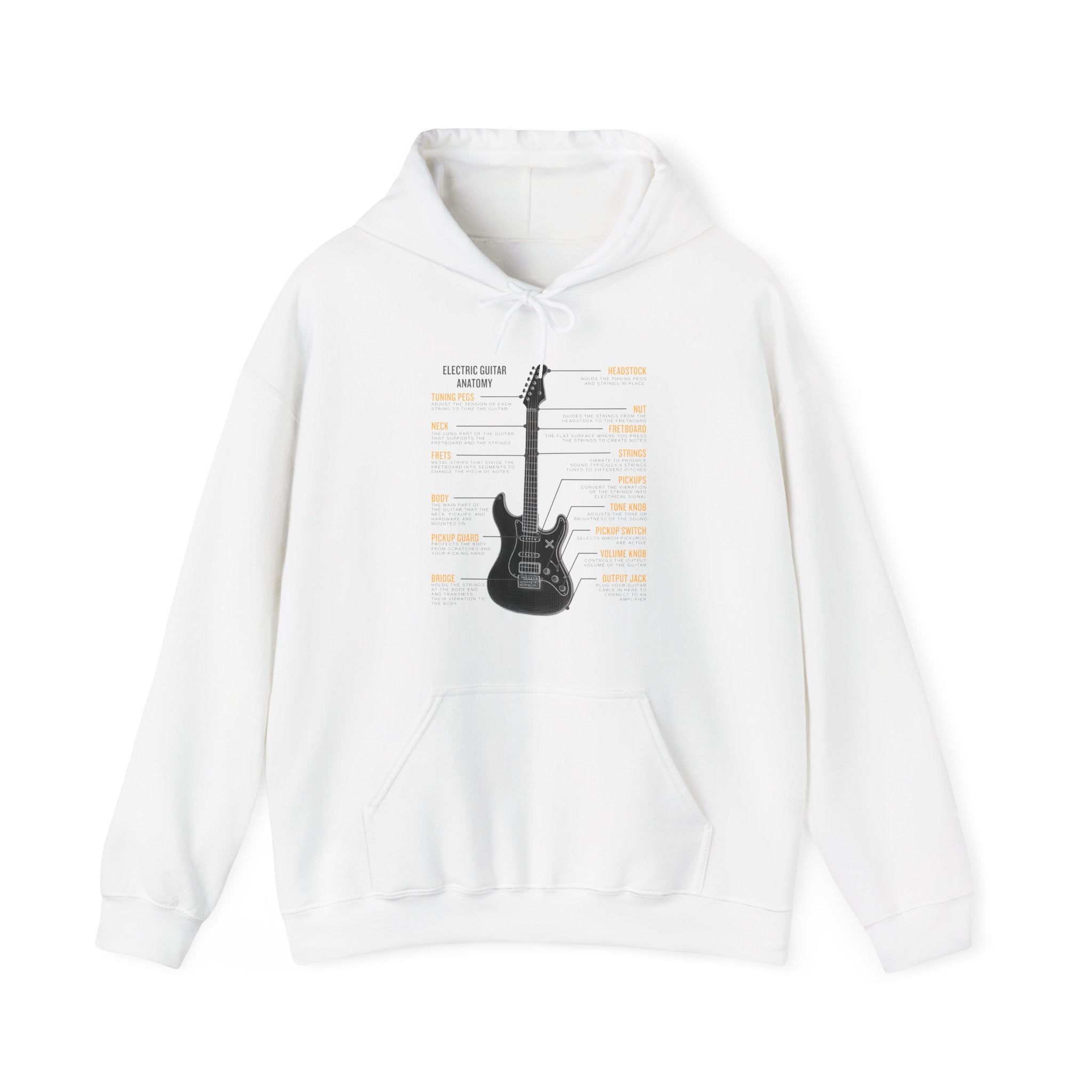 White hoodie with electric guitar graphic and texts on a white 