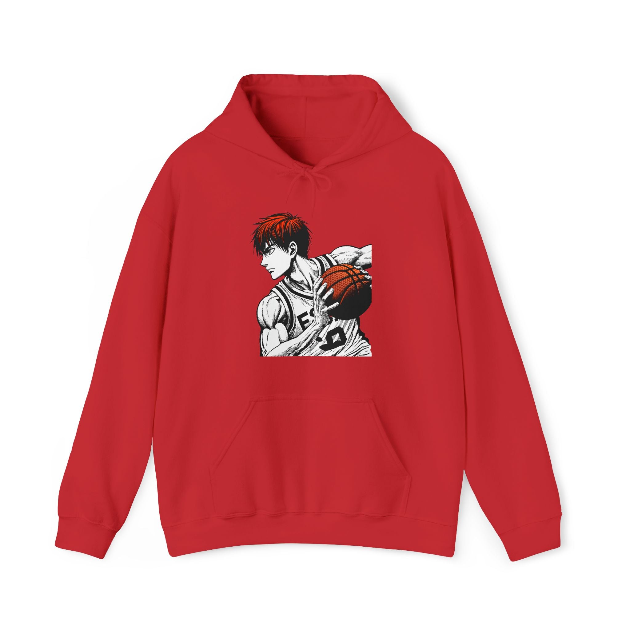 Red hoodie with an graphic of a person holding a basketball on a white background