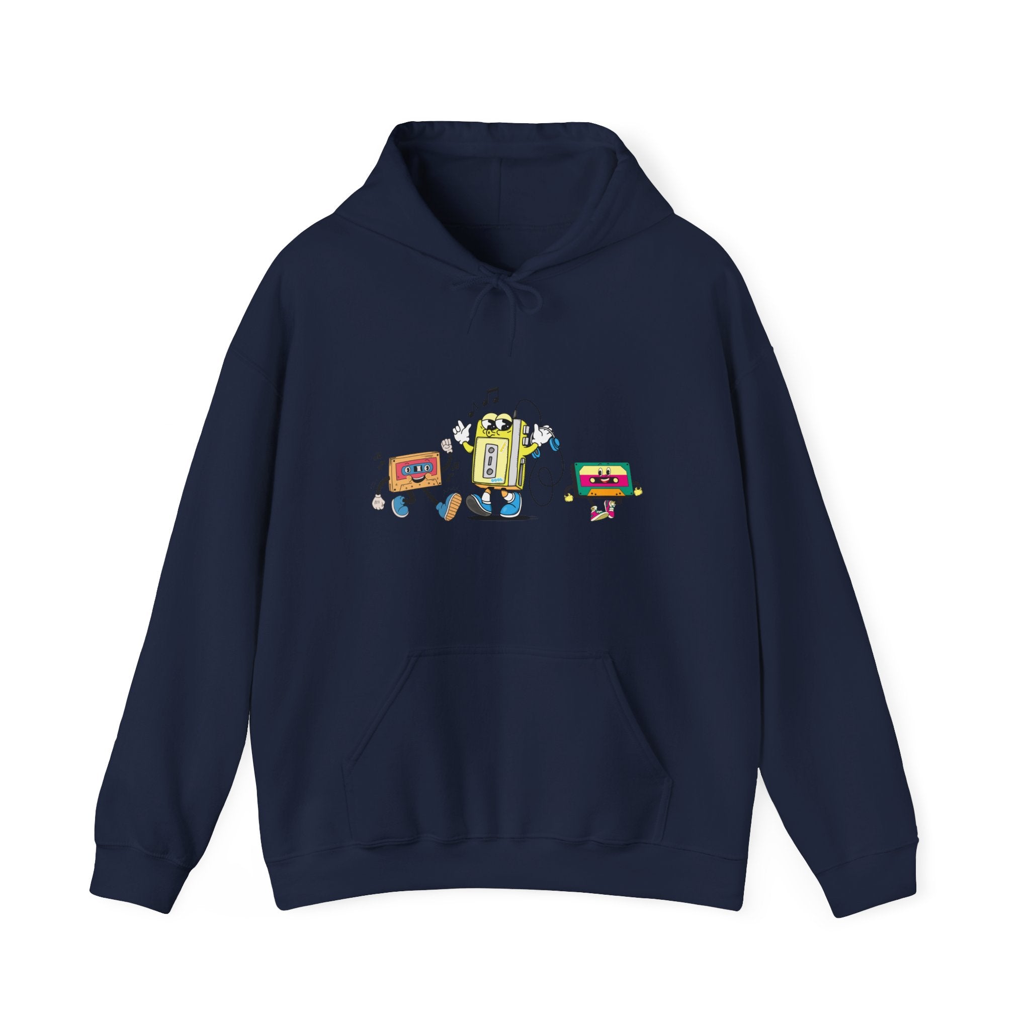 Navy blue hoodie with a colorful robot design on a white background