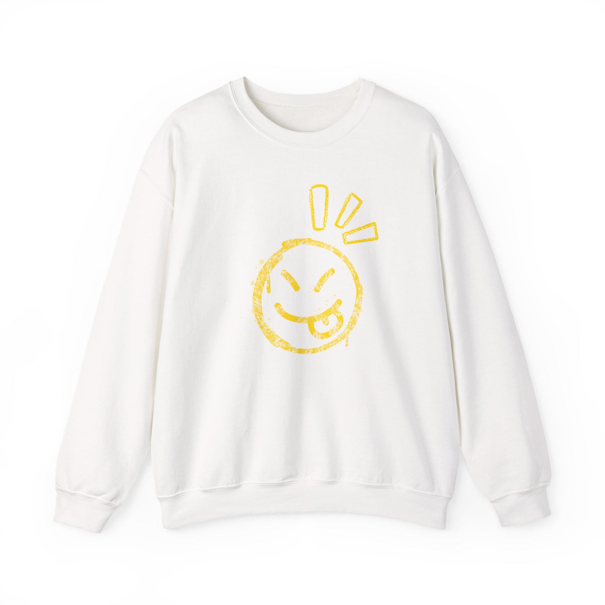 White sweatshirt with a yellow smiley face design on a white background