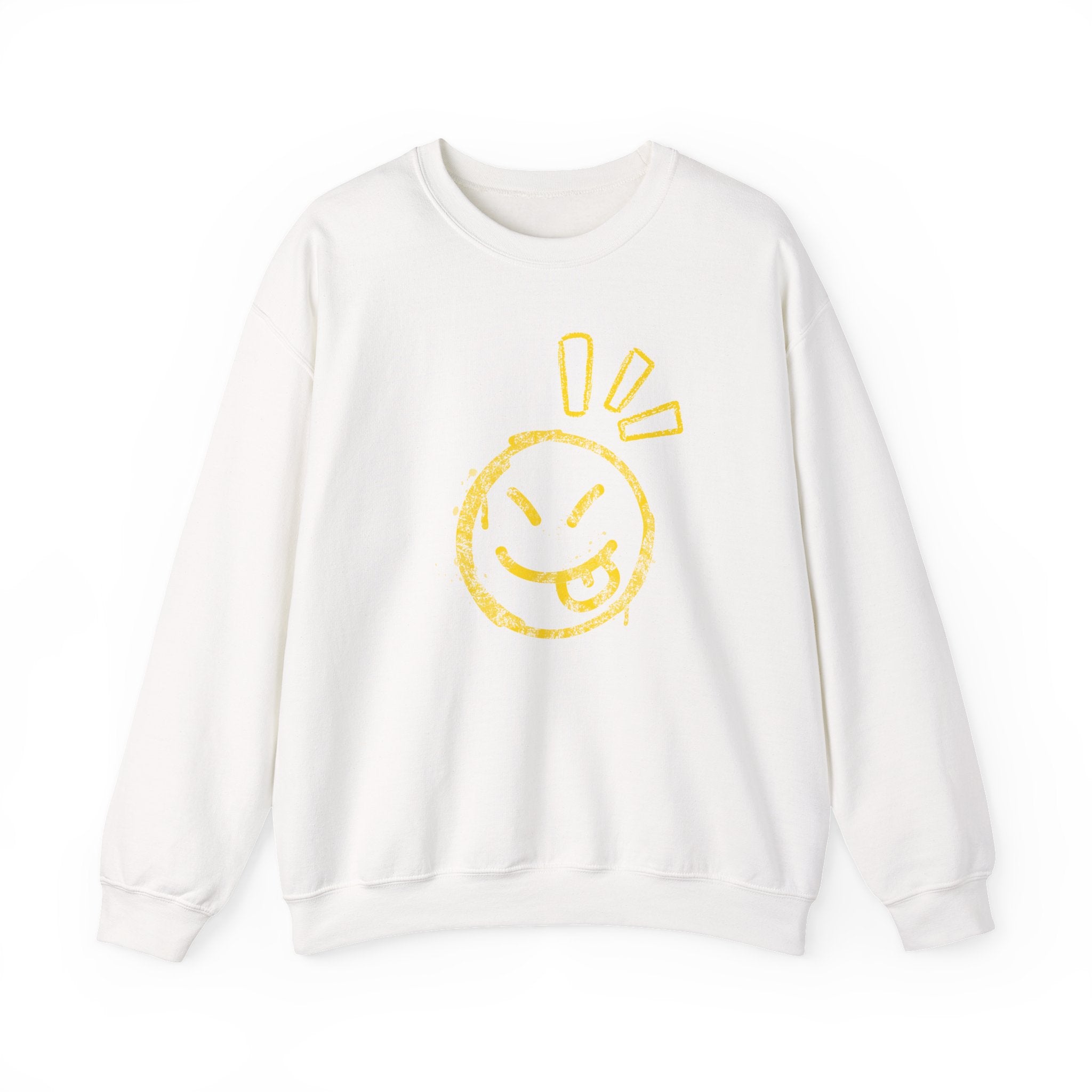 White sweatshirt with a yellow smiley face design on a white background