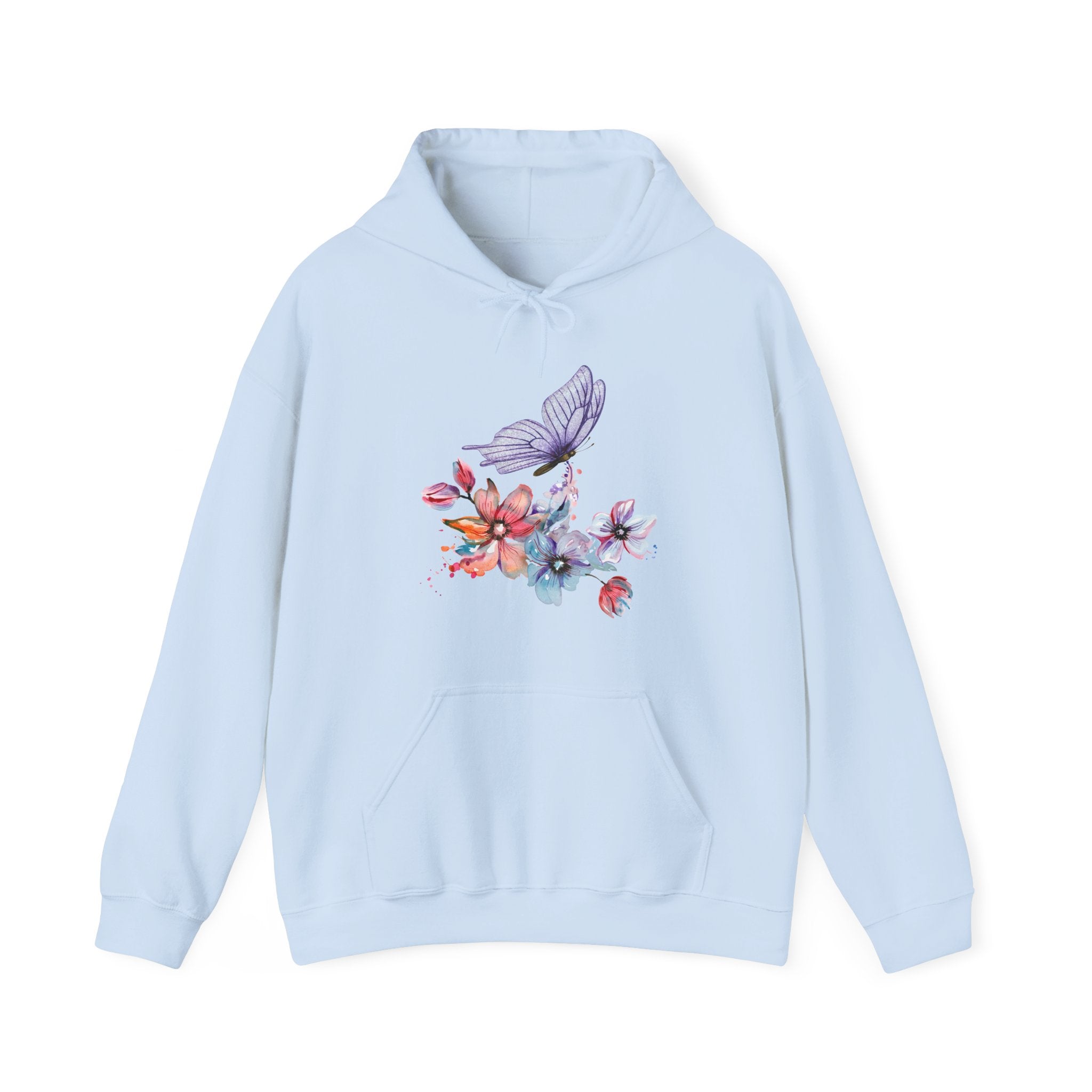 Light blue hoodie with floral and butterfly design on a white background