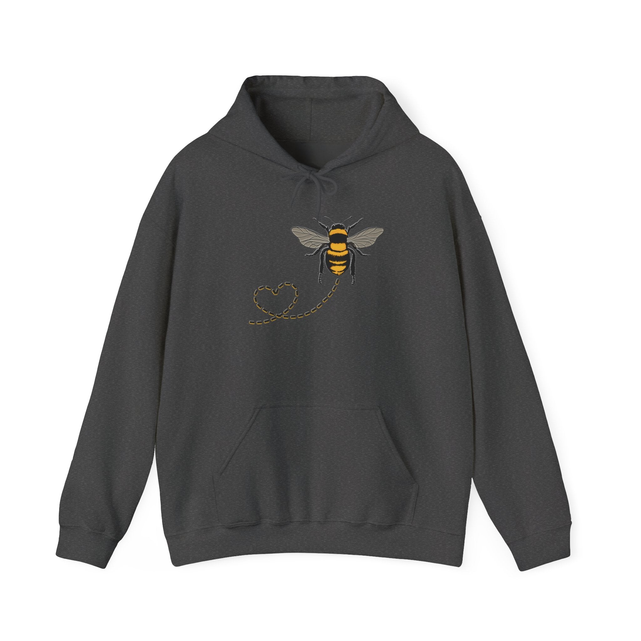 Dark gray hoodie with a bee and heart design on a white background